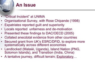 An Issue “ Critical Incident” at UNIMA Organisational Survey, with Rose Chipande (1998) Expatriates reported guilt and superiority  Locals reported  unfairness and de-motivation Presented these findings to DAC/OECD (2005) Collated anecdotal evidence from other countries Secured grant from UK’s ESRC/DFID, to explore more systematically across different economies Landlocked (Malaŵi, Uganda), Island Nation (PNG, Solomon Islands), and Transition (India, China) A tentative journey, difficult terrain;  Exploratory … 