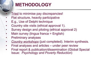 METHODOLOGY Tried  to minimise pay discrepancies! Flat structure, heavily participative E.g., Use of Delphi technique Country site visits (ethical approval 1). Survey design and piloting (ethical approval 2) Main survey (lingua franca = English) Preliminary analyses Country workshops  (just completed). Interim synthesis. Final analyses and articles – under peer review Final report & publication/dissemination (Global Special Issue:  Psychology and Poverty Reduction ) 