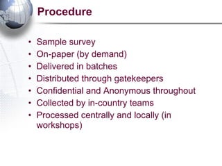 Procedure Sample survey On-paper (by demand) Delivered in batches Distributed through gatekeepers Confidential and Anonymous throughout Collected by in-country teams Processed centrally and locally (in workshops) 