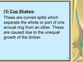 32
(3) Cup Shakes:
These are curved splits which
separate the whole or part of one
annual ring from an other. These
are caused due to the unequal
growth of the timber.
 