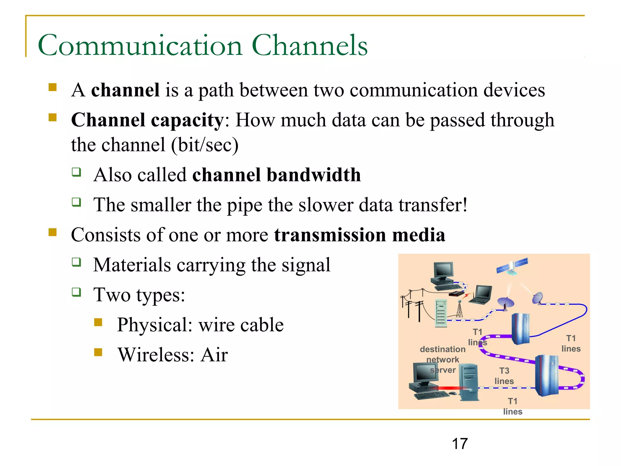 17
Communication Channels
 A channel is a path between two communication devices
 Channel capacity: How much data can be passed through
the channel (bit/sec)
 Also called channel bandwidth
 The smaller the pipe the slower data transfer!
 Consists of one or more transmission media
 Materials carrying the signal
 Two types:
 Physical: wire cable
 Wireless: Air destination
network
server
T1
lines
T1
lines
T1
lines
T3
lines
 