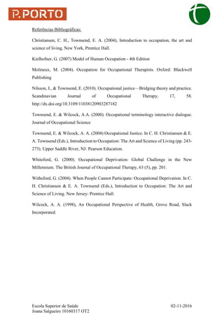 Escola Superior de Saúde 02-11-2016
Joana Salgueiro 10160317 OT2
Referências Bibliográficas:
Christiansen, C. H., Townsend, E. A. (2004), Introduction to occupation, the art and
science of living, New York, Prentice Hall.
Kielhofner, G. (2007) Model of Human Occupation - 4th Edition
Molineux, M. (2004). Occupation for Occupational Therapists. Oxford: Blackwell
Publishing
Nilsson, I., & Townsend, E. (2010). Occupational justice—Bridging theory and practice.
Scandinavian Journal of Occupational Therapy, 17, 58.
http://dx.doi.org/10.3109/11038120903287182
Townsend, E. & Wilcock, A.A. (2000). Occupational terminology interactive dialogue.
Journal of Occupational Science
Townsend, E. & Wilcock, A. A. (2004) Occupational Justice. In C. H. Christiansen & E.
A. Townsend (Eds.), Introduction to Occupation: The Art and Science of Living (pp. 243-
273). Upper Saddle River, NJ: Pearson Education.
Whiteford, G. (2000). Occupational Deprivation: Global Challenge in the New
Millennium. The British Journal of Occupational Therapy, 63 (5), pp. 201.
Witheford, G. (2004). When People Cannot Participate: Occupational Deprivation. In C.
H. Christiansen & E. A. Townsend (Eds.), Introduction to Occupation: The Art and
Science of Living. New Jersey: Prentice Hall.
Wilcock, A. A. (1998), An Occupational Perspective of Health, Grove Road, Slack
Incorporated.
 