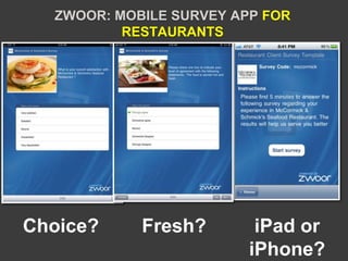 ZWOOR: MOBILE SURVEY APP FOR
          RESTAURANTS




Choice?     Fresh?        iPad or
                         iPhone?
 