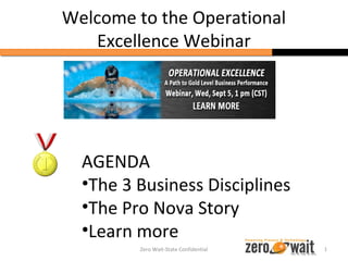 Welcome to the Operational
   Excellence Webinar




  AGENDA
  •The 3 Business Disciplines
  •The Pro Nova Story
  •Learn more
         Zero Wait-State Confidential   1
 