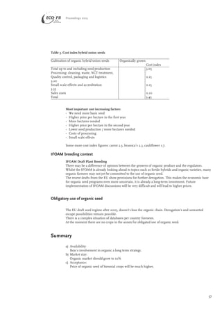 Proceedings 2003 
Most important cost increasing factors: 
• We need more basic seed 
• Higher price per hectare in the first year 
• More hectares needed 
• Higher price per hectare in the second year 
• Lower seed production / more hectares needed 
• Costs of processing 
• Small scale effects 
Some more cost index figures: carrot 2.3, brassica’s 2.3, cauliflower 1.7. 
IFOAM breeding context 
IFOAM Draft Plant Breeding 
There may be a difference of opinion between the growers of organic produce and the regulators. 
Whilst the IFOAM is already looking ahead to topics such as fertile hybrids and organic varieties, many 
organic farmers may not yet be committed to the use of organic seed. 
The recent drafts from the EU show provisions for further derogation. This makes the economic base 
for organic seed programs even more uncertain, it is already a long-term investment. Future 
implementation of IFOAM discussions will be very difficult and will lead to higher prices. 
Obligatory use of organic seed 
The EU draft seed regime after 2003, doesn’t close the organic chain. Derogation’s and unwanted 
escape possibilities remain possible. 
There is a complex situation of databases per country foreseen. 
At the moment there are no crops in the annex for obligated use of organic seed. 
Summary 
a) Availability: 
Bejo`s involvement in organic a long term strategy. 
b) Market size: 
Organic market should grow to 10% 
c) Acceptance: 
Price of organic seed of biennial crops will be much higher. 
57 
Table 3. Cost index hybrid onion seeds 
Cultivation of organic hybrid onion seeds Organically grown 
Cost index 
Total up to and including seed production 3.05 
Processing: cleaning, waste, NCT treatment, 
Quality control, packaging and logistics 0.15 
3.20 
Small scale effects and accreditation 0.15 
3.35 
Sales costs 0.10 
Total 3.45 
 
