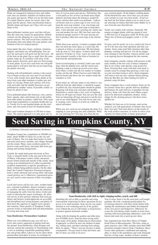 Wi n t e r, 2 0 1 1 - 1 2 T h e Na t u r a l F a rme r B-29 
Plants are arranged by botanical class and within 
each class are families. Families are broken down 
into genus and species. When you see the latin name 
for a plant (Daucus carota, for carrot), that is the 
genus and the species. Such classifications help us 
identify plants and figure out if they will cross pol-linate 
or not. 
Open pollinated varieties grow seed that will pro-duce 
the same true variety for generations. Hybrid 
varieties are the offspring of a cross between two 
parent varieties. The seed saved from a hybrid will 
not produce that same plant, but some genetic com-bination 
of the two original parents. 
Some plants like peas, beans, soybeans. tomatoes, 
peppers, and lettuce are self pollinating. You can 
save the seed and it will grow true the next year. All 
of the fruit on the plant, big or small, have the same 
genetic make up. To maintain a full array of the 
plants genetic diversity, grow and save from twenty 
or more plants. If you save seed from one self-polli-nating 
plant it will grow fine but you are narrowing 
the genetic diversity. 
Starting with self-pollinated varieties is the easiest 
way to begin saving your own seed. If you decide 
to save some tomato seed, plant those plants as far 
away from your other tomatoes to reduce any inci-dence 
of crossing. Potato leaf varieties will cross 
with each other and the double blossoms can get 
pollinated by another variety. If possible, isolate va-rieties 
by about 25 feet. 
Cross pollinated plants like brassicas, corn, carrots, 
beets, squash, cukes and melons rely on the pollen 
from other plants to produce viable fruit. They need 
much larger populations to maintain health and vig-or. 
Twenty five to one hundred plants are the mini-mum, 
and corn needs at least two hundred plants. 
They need isolation distances of 250 feet to many 
miles. The easiest approach is to only grow one va-riety 
of a given genus and species. Tall barriers like 
a corn patch or row of trees can break insect flight 
patterns and help reduce the distances needed be-tween 
varieties that could cross pollinate. A physi-cal 
barrier such as a screen cage or row cover can 
keep the seed crop isolated. I use wire hoops and 
poly row covers on some seed crops to keep them 
pure. I also alternate years, growing one variety one 
year and another the next. My Lutz beet seed crop 
produced enough seed for 5-10 years leaving me 
free to produce other beet seed crops in the interim 
years. 
Think about your spacing. A tomato or pepper plant 
does not need any more space as a seed crop, but 
a spinach or lettuce or carrot does. My beet plants 
took up close to 2 feet apiece. A lettuce plant will 
spread to 18 inches or 2 feet. I give my seed crops 
extra minerals (usually in the form of azomite) to 
help feed the seed production. 
Good record keeping is essential. Label your seed-lings, 
then the planted rows, and the stored seed. 
Keeping a map as a back up record covers situa-tions 
where a critter eats the row marker or weather 
washes out the ink. When I harvest seed I label the 
harvest bucket and throw the row marker inside the 
container as well. 
If you notice an ‘off-type’ plant or one which is very 
different from the other plants, it should be rogued 
or pulled out. Any diseased plants should be pulled. 
Rogueing will keep your seed pure and healthy. 
Sometimes a variety takes a few years of rogueing 
before no off-types are found. You can save the seed 
from an interesting off-type and grow it out the next 
year to see what happens. You may be on your way 
to creating a new variety or at least on a little bo-tanical 
adventure. 
When you save seed you are changing the plant. It is 
adapting to your growing area and conditions. What 
are you selecting for? You may save from the dis-ease 
resistant plants. Or the highest yielding plants. 
Or the blemish free ones. Over time you can tailor 
your varieties to your own farm needs. Avoid sav-ing 
from the first lettuce plants to go to seed as you 
are selecting for lettuce that bolts early. Rather try to 
save from the ones that bolt last. 
Yields vary widely with varieties. Generally 100 
tomato or pepper plants yield one pound of seed. 
A 300 foot row of soup peas yields 30-40 lbs seed. 
Thirty feet of bread seed poppies yields 1-1/2 lbs 
seed. 
To grow seed for profit, try it on a small scale first to 
see if it fits into your farm operation and time con-straints. 
Some crops need little attention other than 
planting, weeding and harvest. I do all my pepper 
seed cleaning in late October, whereas tomato seed 
is an ongoing harvest throughout the late summer. 
Seed companies usually contract with growers in the 
early months of the new year. Contact companies 
then to see if they want specific crops grown for 
them. Growing their crops with their seed stock is 
usually easier to arrange than growing a seed crop 
on your own then trying to sell it. Seed companies 
will want to trial any new varieties before picking 
them up. But they are often looking for farms to 
produce crops for them. 
Some companies have a seed contract. Some are far 
less formal. Some have specific delivery deadlines 
and bonuses for early delivery or penalties for late 
delivery. Some will clean the seed. Others expect 
seed to be delivered completely cleaned. Some 
charge for the cleaning process. Get these terms 
spelled out. 
Whether for farm use or for income, seed saving 
connects you with generations of farmers who saved 
their own seed. Your farm thrives on the results of 
the work of these ancestors. Is it time to select a few 
varieties for future profits or future generations? 
by Bethany Schroeder and Suzanne McMannis 
Tompkins County has a population of 100,000 resi-dents, 
about 50,000 of whom live in the city and 
town of Ithaca. The rest make their homes in rural 
and semi-rural towns, hamlets, and villages through-out 
the county. Many, many residents garden for 
food or work small farms, and many hale from gar-dening 
and farming backgrounds. 
Cornell, the single land-grant university in New 
York, is situated chiefly at the east end of the town 
of Ithaca, with project centers, fields, and green-houses 
found around and outside of the county. Seed 
saving at an institutional level, either in particular 
academic departments or specific greenhouses, is 
likely, without being publicly known. On the other 
hand, the Cornell Cooperative Extension program 
hosts a small, informal seed saving effort, and many 
casual growers use it. Otherwise, experienced grow-ers 
save seed in some measure at their own proper-ties. 
Local seed savers cull for size, taste, weather hardi-ness, 
regional availability, disease resistance, genet-ic 
variation, and they invariably note the attraction 
of managing the earth, from the choice of plot and 
seeds to choosing the source of nitrogen. An infor-mal 
survey of area growers indicates that local gar-deners 
and farmers would appreciate an accessible 
and disciplined seed saving program, and plenty of 
them have the expertise to support such a project 
into maturity. Three profiles of Tompkins County 
growers testify to individual skill and determination 
in saving and using seed. 
Sean Dembrosky: Permaculture Gardener 
When you visit edibleacres.org, you will see a 
lively and creative approach to getting food into 
the ground. Sean Dembrosky, chief designer and 
steward, started this enterprise in Trumansburg with 
a view to modeling responsible gardening behav-iors 
and giving others a place to see his ideas about 
permaculture principles in action. In exchange for 
Seed Saving in Tompkins County, NY 
disturbing the soil as little as possible and using 
conventional winnowing for those specimens he has 
access to in small amounts, Sean says he can expect 
biennial or over-wintering activity in his garden, 
even without the use of cold frames or hoop houses 
to protect against inclement weather. 
Along with developing the gardens and other proj-ects 
of Edible Acres, Sean has been saving seeds 
from many of his plants. Employing an observation-al 
approach, in which he tries one method of plant-ing, 
culling seeds, and then selecting from among 
them, he opines, “There’s not any mystery in plant 
communities. You just need to look and listen, and 
they’ll show you what to do next.” 
True to form, Sean is for the most part a self-taught 
gardener. He took a weekend permaculture for-est 
farming intensive with Dave Jacke before fully 
starting the maintenance and further development 
of his own groves and hedgerows. Otherwise, he 
scours the web during winter months to learn more, 
meeting with local gardening enthusiasts, some well 
known and some not, to pick up new ideas. 
One inspiration has been Steve Bryer of Tripple-brook 
Farm in Massachusettes. The farm, using or-ganic 
practices since 1904, includes more than 1000 
perennial examples rated to Zone 5 hardiness. Bryer 
invites other gardeners, established and aspiring 
alike, to sleep in the greenhouse and work alongside 
him for a living wage. Another of Sean’s mentors 
photo by Jon Bosak 
Sean Dembrosky with (left to right) stinging nettles, orach, and dill 
 