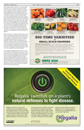 Wi n t e r, 2 0 1 1 - 1 2 T h e Na t u r a l F a rme r B-7 
their original parents and have diverse leaf shapes 
and colors. It is an excellent selection for winter 
salads. Another example of a land race grown here 
is our watermelons, which originally came from a 
Polish neighbor many years ago. This melon is a 
very highly productive melon that produces melons 
of different color green rinds from green striped 
to a more solid, lighter green color. All the melons 
have excellent flavor and the markets have accepted 
these melons’ appearance. Vigor is derived from the 
genetic diversity in out crossing crops. Out crossing 
crops are those that readily breed with other plants, 
that is, are not self-pollinating. Out crossing crops 
are generally those crops that are pollinated by wind 
or insects. In the self-pollinated crops like toma-toes, 
seed is simply saved from the healthiest few 
individuals as the need for diversity is much less. 
This gives us the ability to readily maintain pinnacle 
specimens in self-pollinated crops like tomatoes or 
peppers. 
While crop vigor is certainly a major benefit of seed 
saving, the ability to select for the desired character-istics 
is also very helpful. Some of our efforts have 
been to improve cold tolerance, improve coloration 
or lengthen harvest periods. In the case of cold 
tolerance, we took a variety of arugula and over-wintered 
an October seeding. This variety had about 
a 10% survival rate. We saved the seed from this 
10% and replanted them the next fall. These plants 
survived winter at essentially 100% and were much 
less prone to damage in freezing temperatures. This 
is now our standard fall and winter arugula. 
An example of lengthening harvest times is our ef-fort 
to breed a true biennial kale. In this case it was 
noted that about 5% of Konserva kale plants will not 
flower in the spring following their over-wintering 
from a previous spring planting. These plants are 
dug up and placed together during their second 
spring in an effort to have them flower in their third 
spring. This project is ongoing and is difficult be-cause 
of its long growth period and low plant count, 
leading to low diversity. The benefit of having pro-duction 
kale, however, that does not bolt in spring 
after overwintering will be great. 
Regalia® switches on a plant’s 
Regalia is a registered trademark of Marrone Bio Innovations. 2011, Marrone Bio Innovations, Inc. 
Regalia is a powerful, proven tool for 
controlling your most troublesome fungal 
and bacterial diseases. It switches on plants’ 
natural defense mechanisms so they produce 
—and accumulate—higher levels of natural 
proteins and other compounds that inhibit 
disease development. This unique mode of 
Controls Bacterial 
and Fungal Diseases 
action gives growers an effective new option 
for bacterial spot, late blight, early blight, 
target spot, downy mildew, powdery mildew, 
gummy stem blight, and a number of other 
diseases. And adding Regalia to your rotation 
is an ideal resistance management strategy. 
The fact is, nothing else works like Regalia. 
Contact your local retailer and make new 
Regalia part of your fungicide program. 
Find out more at www.MarroneBio.com or 
call toll free 877-664-4476. 
® 
© 
for 
SMALL SCALE GROWERS 
BIG TIME VARIETIES 
Want head-turning vegetables? Your customers will love the classy appearance and top-shelf 
taste of Harris Seeds’ high-performing varieties…and you’ll appreciate the reliable production, 
high yield, and disease protection. The 2012 Harris Seeds Professional Vegetable Growers’ Catalog 
will be mailed in November, and inside you’ll fi nd a broad selection of high quality, disease 
resistant, great tasting vegetable varieties that will have customers looking your way. You’ll fi nd the 
exceptional varieties above – plus hundreds more – in untreated or organic seed. 
For an eye-catching, profi t-generating addition to your farmers’ market or roadside stand, try cheery, 
colorful cut fl owers. We have more than 160 untreated varieties, plus in-house expertise to help you 
get started. 
To receive your free catalog, call us toll-free or visit us online: 
800-544-7938 www.harrisseeds.com 
A Grower Friendly Company 
355 Paul Rd. PO Box 24966 
Rochester, NY 14624-0966 A012 
GLADIATOR 
The USA’s #1 big pumpkin 
with PM protection! 
PRIMO RED 
Start the season with unbeatable 
yield and fl avor! 
REWARD 
Classy zucchini with powdery mildew 
and virus protection! 
RENAISSANCE 
Dependable and delicious, it’s the 
new standard in the 2nd early slot! 
REVOLUTION 
You’ll see market-leading disease protection, 
consistency, and fl avor with this best-seller! 
CARNIVAL 
It’s a party on the outside and a 
taste sensation on the inside! 
MYSTIC PLUS 
PM protection and unmatched fl avor make 
this a grower-favorite pie pumpkin! 
SCARLET RED 
Firm enough to ship, tasty enough 
to gain a following! 
 