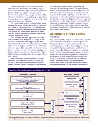 Farmers in Douentza can count on only 200–400 
millimeters (mm) of rainfall per year, and they depend 
almost entirely on millet, sorghum, and cowpea production. 
Rainfall at the San site is higher but rarely exceeds 
600 mm. While sorghum is the principal cereal around San, 
followed by millet, farmers surveyed also grew groundnuts, 
fonio, and Bambara nut and planted some fields with maize, 
watermelon, sesame, and vegetables. 
The extent and permanence of physical infrastructure, 
the range of products sold, and the number of traders are 
much greater in the markets of San. More wild fruits and 
leaves were on sale in the Douentza markets, while other 
crops found in San, such as maize, were entirely absent. 
Millet and sorghum prices were on average higher in the 
Douentza markets than in San’s. 
San is located in the Segou region, which is a major 
producer and exporter of sorghum. The villages in and 
around San are also known for the grain quality of the 
millet they sell. Wholesalers in the Douentza town markets 
import and trade this grain, as well as lower-quality millet 
from other regions. Both are suitable only for food because 
they are mixtures of varieties that are not well adapted to 
the growing environments around Douentza. The villages in 
the Douentza marketshed generally do not export millet to 
other regions. 
Seed trade displays the opposite pattern. None of 
the farmers reported procuring seed with cash in the 
San site; all seed transactions were reported as gifts or 
noncash exchanges. Farming communities in San, although 
not necessarily individual farmers, are generally self-sufficient 
in millet and sorghum seed. On the other hand, 
farmers in Douentza reported both cash and noncash seed 
transactions. The most recent year of seed procurement 
they described was 2005—a planting season that followed 
two seasons of bad weather and a devastating locust attack. 
Considering both sites, only 17 percent of farmers reported 
self-sufficiency in millet seed varieties. Two-thirds of farmers 
had procured seed through noncash transactions at least 
once, and 16 percent had purchased seed with cash. Cash 
transactions among farmers in Douentza occurred primarily 
during weekly grain markets. 
DIMENSIONS OF SEED ACCESS 
Availability 
Seed sector reform for sorghum and millet has not advanced 
at the same rate or with the same success as grain market 
liberalization. Despite continued releases of improved 
varieties of millet and sorghum that are adapted to varying 
amounts of rainfall, the use of certified seed by farmers 
remains limited. Certified seed is multiplied by contracted 
farmers and seed producer groups and supplied to farmers 
through farmers’ associations, development organizations, 
and extension services. No certified seed was sold in any 
of the 12 local markets surveyed. In the informal sector, 
farmers supply other farmers with noncertified seed 
through social networks or village grain markets, typically 
to trustworthy members of their clan and ethno-linguistic 
Figure 1—Millet and sorghum seed channels in Mali 
Certified Seed Production Seed Supply Channels 
Source: Adapted from Touré, A., O. Sanogo, L. Diakité, and A. Sidibé. 2006. Program for Africa’s Seed Systems (PASS). Country Report: Mali. Bamako: Institut 
2 
d’Economie Rurale. 
Breeder seed 
Institut d’Economie Rurale (IER), International Crops Research 
Institute for the Semi-Arid Tropics (ICRISAT), 
Institut Polytechnique Rural (IPR) 
Variety release 
National Species and Varieties Committee (CNEV) 
Foundation seed 
IER, ICRISAT, IPR 
Registered seed (R1) 
National Seed Service (SSN) 
Certified seed (R2) 
Farmer growers 
Farmer Seed 
Certified Seed 
Village markets 
and traders 
Farmer-to-farmer 
exchange 
Extension services 
Development and 
relief projects 
Nongovernmental 
organizations 
Farmer associations 
 