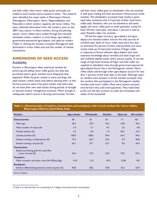 and little millet. Here minor millet grains and seeds are 
traded in local market towns located in taluks.1 The research 
team identified five major taluks in Dharmapuri District 
(Pennagaram, Dharmapuri, Harur, Pappireddipatty, and 
Palacode) in which vendors regularly sell minor millets. The 
team collected information from 165 vendors, prior to the 
2007 rainy season. In these markets, during the planting 
season, minor millets were traded through five channels: 
wholesale traders, retailers or local shops, agro-dealers, 
government-sponsored agro-depots, and open-air traders 
(Table 1). Among the markets surveyed, Pennagaram taluk 
dominated in minor millet area and the number of market 
transactions. 
DIMENSIONS OF SEED ACCESS 
Availability 
Farmers in Dharmapuri often used local markets for 
procuring and selling minor millet grains, but they also 
purchased seed in grain markets more frequently than 
expected. While the grain market is active and large, the 
seed market—which exists only before planting time—is thin. 
Farmers procure seed in the grain market only when they 
do not have their own seed stocks during periods of drought 
or because of poor management practices. When drought is 
widespread, seed is scarce in farming communities. Farmers 
sell their minor millet grain to wholesalers who are involved 
in bulk grain trading and have permanent infrastructure inside 
markets. The wholesalers surveyed trade mostly in grain: 
seed sales constitute only 3–5 percent of their total minor 
millet sales. Retailers, who are not allowed to sell seeds 
legally, sell minor millet grain in small quantities, mainly for 
food. Of their total sales, only about 1 percent is sold as 
seed. Retailers often mix varieties. 
Of the five types of actors, agro-dealers and agro-depots 
are licensed traders and are the only sources of 
certified seed. Sales of minor millet seed were less than 
an estimated 0.5 percent of their total portfolio and were 
mainly made up of improved varieties of finger millet, 
in response to farmer demand. Agro-dealers also have 
extensive knowledge about varieties and seed origin and 
sell truthfully labeled seeds, which assures quality. A narrow 
range of improved varieties of finger and little millet are 
supplied at subsidized rates through government-sponsored 
agro-depots found only in the Pennagaram market. Minor 
millet seeds sold through other agro-depots account for less 
than 1 percent of the total sales in the taluk. Although open-air 
vendors were present in all the markets surveyed, only 
the vendors who participated in the Pennagaram weekly 
markets sold minor millets. Most were women and part-time 
farmers who sold small quantities. They make little 
profit and sell their product to meet the immediate cash 
needs of the household. 
Table 1—Characteristics of vendors, transactions, and seed/grain sold in local markets for minor millets, 
Dharmapuri District, Tamil Nadu, India 
Vendors Agro-dealer Wholesaler Retailer Open-air All vendors 
Characteristic 58 36 54 17 165 
Mean age 39.2 47.9 44.2 53.8 44.2 
Mean number of crops sold 5.4 5.1 4.5 2.6 4.8 
Female vendors (%) 3.5 0.0 1.9 82.4 10.3 
Literate vendors (%) 100.0 100.0 94.4 64.7 94.6 
Vendors owning a mobile phone (%) 72.4 66.7 55.6 5.9 58.8 
Vendors owning a bicycle (%) 56.1 37.1 53.7 0.0 45.4 
Transactions 
Buyers purchasing grain for seed after 
a poor harvest (%) 45.4 72.5 32.0 79.5 57.6 
Transport 
Mean transport and other costs (Rs/100-kg. Bag) 4.24 11.0 8.33 12.06 8.9 
Seed/grain 
Vendors differentiating between seed and grain (%) 96.8 58.2 24.8 76.5 63.9 
2 
Source: Authors 
1 A taluk is an administrative unit comprising 4 or 5 village communities known as panchayats. 
 