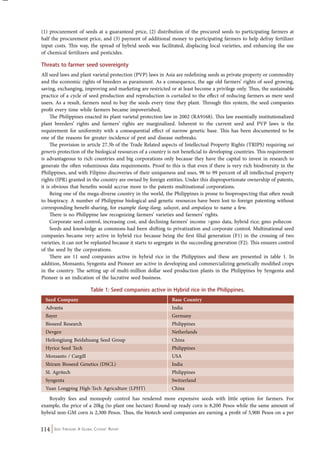 (1) procurement of seeds at a guaranteed price, (2) distribution of the procured seeds to participating farmers at 
half the procurement price, and (3) payment of additional money to participating farmers to help defray fertilizer 
input costs. This way, the spread of hybrid seeds was facilitated, displacing local varieties, and enhancing the use 
of chemical fertilizers and pesticides. 
Threats to farmer seed sovereignty 
All seed laws and plant varietal protection (PVP) laws in Asia are redefining seeds as private property or commodity 
and the economic rights of breeders as paramount. As a consequence, the age old farmers’ rights of seed growing, 
saving, exchanging, improving and marketing are restricted or at least become a privilege only. Thus, the sustainable 
practice of a cycle of seed production and reproduction is curtailed to the effect of reducing farmers as mere seed 
users. As a result, farmers need to buy the seeds every time they plant. Through this system, the seed companies 
profit every time while farmers became impoverished, 
The Philippines enacted its plant varietal protection law in 2002 (RA9168). This law essentially institutionalized 
plant breeders’ rights and farmers’ rights are marginalized. Inherent to the current seed and PVP laws is the 
requirement for uniformity with a consequential effect of narrow genetic base. This has been documented to be 
one of the reasons for greater incidence of pest and disease outbreaks. 
The provision in article 27.3b of the Trade Related aspects of Intellectual Property Rights (TRIPS) requiring sui 
generis protection of the biological resources of a country is not beneficial to developing countries. This requirement 
is advantageous to rich countries and big corporations only because they have the capital to invest in research to 
generate the often voluminous data requirements. Proof to this is that even if there is very rich biodiversity in the 
Philippines, and with Filipino discoveries of their uniqueness and uses, 98 to 99 percent of all intellectual property 
rights (IPR) granted in the country are owned by foreign entities. Under this disproportionate ownership of patents, 
it is obvious that benefits would accrue more to the patents multinational corporations. 
Being one of the mega-diverse country in the world, the Philippines is prone to bioprospecting that often result 
to biopiracy. A number of Philippine biological and genetic resources have been lost to foreign patenting without 
corresponding benefit-sharing, for example ilang-ilang, saluyot, and ampalaya to name a few. 
There is no Philippine law recognizing farmers’ varieties and farmers’ rights. 
Corporate seed control, increasing cost, and declining farmers’ income >gmo data, hybrid rice; gmo poliecon 
Seeds and knowledge as commons had been shifting to privatization and corporate control. Multinational seed 
companies became very active in hybrid rice because being the first filial generation (F1) in the crossing of two 
varieties, it can not be replanted because it starts to segregate in the succeeding generation (F2). This ensures control 
of the seed by the corporations. 
There are 11 seed companies active in hybrid rice in the Philippines and these are presented in table 1. In 
addition, Monsanto, Syngenta and Pioneer are active in developing and commercializing genetically modified crops 
in the country. The setting up of multi-million dollar seed production plants in the Philippines by Syngenta and 
Pioneer is an indication of the lucrative seed business. 
Table 1: Seed companies active in Hybrid rice in the Philippines. 
Seed Company Base Country 
Advanta India 
Bayer Germany 
Bioseed Research Philippines 
Devgen Netherlands 
Heilongjiang Beidahuang Seed Group China 
Hyrice Seed Tech Philippines 
Monsanto / Cargill USA 
Shiram Bioseed Genetics (DSCL) India 
SL Agritech Philippines 
Syngenta Switzerland 
Yuan Longping High-Tech Agriculture (LPHT) China 
Royalty fees and monopoly control has rendered more expensive seeds with little option for farmers. For 
example, the price of a 20kg (to plant one hectare) Round-up ready corn is 8,200 Pesos while the same amount of 
hybrid non-GM corn is 2,300 Pesos. Thus, the biotech seed companies are earning a profit of 5,900 Pesos on a per 
114 Seed Freedom: A Global Citizens’ Report 
 