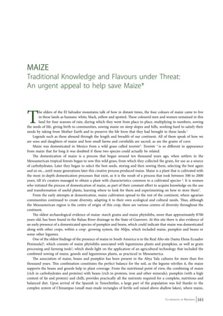 Maize 
Traditional Knowledge and Flavours under Threat: 
An urgent appeal to help save Maize* 
The elders of the El Salvador mountains talk of how in distant times, the four colours of maize came to live 
in these lands as humans: white, black, yellow and spotted. These coloured men and women remained in this 
land for four seasons of rain, during which they went from place to place, multiplying in numbers, sowing 
the seeds of life, giving birth to communities, sowing maize on steep slopes and hills, working hard to satisfy their 
needs by taking from Mother Earth and to preserve the life form that they had brought to these lands.1 
Legends such as these abound through the length and breadth of our continent. All of them speak of how we 
are sons and daughters of maize and how small farms and cornfields are sacred, as are the grains of corn. 
Maize was domesticated in Mexico from a wild grass called teosinte2. Teosinte 3 is so different in appearance 
Co-ordinated by Navdanya 161 
from maize that for long it was doubted if these two species could actually be related. 
The domestication of maize is a process that began around ten thousand years ago, when settlers in the 
Mesoamerican tropical forests began to sow this wild grass, from which they collected the grain, for use as a source 
of carbohydrates. Later they began to select the best seeds, storing and then sowing them, selecting the best again 
and so on....until many generations later this creative process produced maize. Maize is a plant that is cultivated with 
the most in-depth domestication processes that exist, as it is the result of a process that took between 500 to 2000 
years, till it’s creators managed to obtain a plant with characteristics common to a cultivated species 4. It is women 
who initiated the process of domestication of maize, as part of their constant effort to acquire knowledge on the use 
and transformation of useful plants, learning where to look for them and experimenting on how to store them5. 
From the early attempts at domestication, maize cultivation spread to the rest of the continent, where agrarian 
communities continued to create diversity, adapting it to their own ecological and cultural needs. Thus, although 
the Mesoamerican region is the centre of origin of this crop, there are various centres of diversity throughout the 
continent. 
The oldest archaeological evidence of maize: starch grains and maize phytoliths, more than approximately 8700 
years old, has been found in the Balsas River drainage in the State of Guerrero. At this site there is also evidence of 
an early presence of a domesticated species of pumpkin and beans, which could indicate that maize was domesticated 
along with other crops, within a crop- growing system, the Milpa, which included maize, pumpkin and beans or 
some other legumes. 
One of the oldest findings of the presence of maize in South America is in the Real Alto site (Santa Elena-Ecuador 
Peninsula)6, which consists of maize phytoliths associated with leguminous plants and pumpkins, as well as grain 
processing and farming tools7; which sheds light on the application of an agricultural technology that included the 
combined sowing of maize, gourds and leguminous plants, as practiced in Mesoamerica. 
The association of maize, beans and pumpkin has been present in the Abya Yala cultures for more than five 
thousand years. This combination constitutes the perfect balance for the soil, as the legume nitrifies it, the maize 
supports the beans and gourds help in plant coverage. From the nutritional point of view, the combining of maize 
(rich in carbohydrates and proteins) with beans (rich in proteins, iron and other minerals), pumpkin (with a high 
content of fat and protein) and chilli, provides practically all the nutrients required for a complete, nutritious and 
balanced diet. Upon arrival of the Spanish in Tenochtitlán, a large part of the population was fed thanks to the 
complex system of Chinampas (small man-made rectangles of fertile soil raised above shallow lakes), where maize, 
 