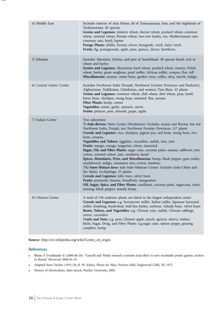 4) Middle East Includes interior of Asia Minor, all of Transcaucasia, Iran, and the highlands of 
16 Seed Freedom: A Global Citizens’ Report 
Turkmenistan. 83 species 
Grains and Legumes: einkorn wheat, durum wheat, poulard wheat, common 
wheat, oriental wheat, Persian wheat, two-row barley, rye, Mediterranean oats, 
common oats, lentil, lupine 
Forage Plants: alfalfa, Persian clover, fenugreek, vetch, hairy vetch 
Fruits: fig, pomegranate, apple, pear, quince, cherry, hawthorn. 
5) Ethiopia Includes Abyssinia, Eritrea, and part of Somaliland. 38 species listed; rich in 
wheat and barley. 
Grains and Legumes: Abyssinian hard wheat, poulard wheat, emmer, Polish 
wheat, barley, grain sorghum, pearl millet, African millet, cowpea, flax, teff 
Miscellaneous: sesame, castor bean, garden cress, coffee, okra, myrrh, indigo. 
6) Central Asiatic Center Includes Northwest India (Punjab, Northwest Frontier Provinces and Kashmir), 
Afghanistan, Tadjikistan, Uzbekistan, and western Tian-Shan. 43 plants 
Grains and Legumes: common wheat, club wheat, shot wheat, peas, lentil, 
horse bean, chickpea, mung bean, mustard, flax, sesame 
Fiber Plants: hemp, cotton 
Vegetables: onion, garlic, spinach, carrot 
Fruits: pistacio, pear, almond, grape, apple. 
7) Indian Center Two subcenters 
7) Indo-Burma: Main Center (Hindustan): Includes Assam and Burma, but not 
Northwest India, Punjab, nor Northwest Frontier Provinces, 117 plants 
Cereals and Legumes: rice, chickpea, pigeon pea, urd bean, mung bean, rice 
bean, cowpea, 
Vegetables and Tubers: eggplant, cucumber, radish, taro, yam 
Fruits: mango, orange, tangerine, citron, tamarind 
Sugar, Oil, and Fiber Plants: sugar cane, coconut palm, sesame, safflower, tree 
cotton, oriental cotton, jute, crotalaria, kenaf 
Spices, Stimulants, Dyes, and Miscellaneous: hemp, black pepper, gum arabic, 
sandalwood, indigo, cinnamon tree, croton, bamboo. 
7A) Siam-Malaya-Java: statt Indo-Malayan Center: Includes Indo-China and 
the Malay Archipelago, 55 plants 
Cereals and Legumes: Job’s tears, velvet bean 
Fruits: pummelo, banana, breadfruit, mangosteen 
Oil, Sugar, Spice, and Fiber Plants: candlenut, coconut palm, sugarcane, clove, 
nutmeg, black pepper, manila hemp. 
8) Chinese Center A total of 136 endemic plants are listed in the largest independent center 
Cereals and Legumes: e.g. broomcorn millet, Italian millet, Japanese barnyard 
millet, Koaliang, buckwheat, hull-less barley, soybean, Adzuki bean, velvet bean 
Roots, Tubers, and Vegetables: e.g. Chinese yam, radish, Chinese cabbage, 
onion, cucumber 
Fruits and Nuts: e.g. pear, Chinese apple, peach, apricot, cherry, walnut, 
litchi, Sugar, Drug, and Fiber Plants: e.g.sugar cane, opium poppy, ginseng 
camphor, hemp. 
Source: http://en.wikipedia.org/wiki/Center_of_origin 
References 
• Blaine P. Friedlander Jr (2000-06-20). “Cornell and Polish research scientists lead effort to save invaluable potato genetic archive 
in Russia”. Retrieved 2008-03-19. 
• Adapted from Vavilov (1951) by R. W. Schery, Plants for Man, Prentice Hall, Englewood Cliffs, NJ, 1972 
• History of Horticulture, Jules Janick, Purdue University, 2002 
 