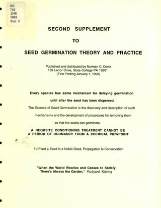 OK 
740 
D46 
1993 
Sup 2 
SECOND SUPPLEMENT 
TO 
SEED GERMINATION THEORY AND PRACTICE 
Published and distributed by Norman C. Deno 
139 Lenor Drive, State College PA 16801 
(First Printing January 1, 1998) 
Every species has some mechanism for delaying germination 
until after the seed has been dispersed. 
The Science of Seed Germination is the discovery and description of such 
mechanisms and the development of procedures for removing them 
so that the seeds can germinate. 
A REQUSITE CONDITIONING TREATMENT CANNOT BE 
A PERIOD OF DORMANCY FROM A CHEMICAL VIEWPOINT 
Fo Plant a Seed Is a Noble Deed, Propagation Is Conservation 
"When the World Wearies and Ceases to Satisfy, 
There's Always the Garden." Rudyard Kipling 
 