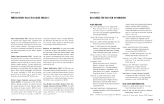 70 BRE EDING ORGANIC V EGE TABL E S 71 
APPENDICES 
Public Seed Initiative (PSI): A project that aimed to “dovetail with regional seed companies and engage our most knowledgeable producers in on- farm seed breeding, especially with varieties that work in organic systems.” The project concluded in 2005, but information generated by the project has been incorporated into the NOVIC website (see below). 
Organic Seed Partnership (OSP): A project that built upon the PSI “to create a strong national network aimed at developing and delivering improved vegetable varieties selected for superior performance in organic systems.” Growers worked with researchers on trialing varieties and experimental germplasm in the Northeast, the Northwest, New Mexico, West Virginia, Mississippi, and California. The project concluded in 2008, but information generated by the project can be found at http:// www.plbr.cornell.edu/psi/OSP%20home.htm. 
Northern Organic Vegetable Improvement Collaborative (NOVIC): A continuation of the OSP that seeks to develop a network of breeders working with organic growers to create improved vegetable varieties for organic systems. NOVIC is working with six crops: pea, broccoli, sweet corn, carrots, winter squash, and tomatoes (for late blight resistance). The project is ongoing as of 2011 with trialing and outreach events in Oregon, Washington, Wisconsin, and New York. For more information, see the project website at http://www.plbr. cornell.edu/psi/NOVIC%20Home.html. 
Restoring Our Seed (ROS): A project (concluded in 2006) that sought to help gardeners and farmers learn how to grow and improve organic seed through conferences, field days, on-farm breeding projects, and networking with schools, chefs, and seed companies. Information generated by the project, including excerpts from the Restoring Our Seed manual, can be found at http://www.growseed. org/ros.html. 
Organic Seed Alliance (OSA) The OSA has conducted participatory breeding projects in a number of crops, including tomatoes, spinach, broccoli, sweet corn, kale, arugula, winter squash, and summer squash. Information can be found at http:// www.seedalliance.org/index.php?page=Research. The OSA is also a collaborator in NOVIC. 
Farm Breeding Club (FBC), Northern Plains Sustainable Agriculture Society (NPSAS): A project in which farmers work together on variety trialing, seed saving, and breeding of grains and other field crops. Information can be found at http://www. npsas.org/breed.html. 
APPENDIX A 
PARTICIPATORY PLANT BREEDING PROJECTS 
PLANT BREEDING 
Agricultural Marketing Service, USDA. 2006. Plant variety protection act and regulations and rules of practice. Available at http:// www.ams.usda.gov/AMSv1.0/getfile?dDocName=STELDEV3002796. 
Allard, R.W. Principles of Plant Breeding, 2nd ed. John Wiley & Sons, New York, NY. 
Basset, M.J. 1986. Breeding Vegetable Crops. AVI Publishing Company, Westport, CT. 
Deppe, C. 2000. Breed Your Own Vegetable Varieties: The Gardener’s and Farmer’s Guide to Plant Breeding and Seed Saving. Chelsea Green Publishing, White River Junction, VT. 
eOrganic extension. Plant breeding webpage. Available at http://www.extension.org/ pages/18631/plant-breeding. 
Grohsgal, B. 2002. 
Saving seed makes sense. Growing for Market 11 (August): 1 and following. Seed-saving, Part 2: The tasks detailed. Growing for Market 11 (September): 8–10. Seed saving, Part 3: Genetic management. Growing for Market 11 (October): 10–13. 
Lawn, CR, ed., 2004. Restoring Our Seed: Ecological Seed Production and Crop Improvement by and for Organic Farmers. Restoring Our Seed, NE SARE Project. Excerpts available at http://www.growseed. org/realseed.html. 
Long Island Seed Project. Breeding projects webpage. Available at http://www.liseed.org/ ramblings.html. 
Myers, J. Intellectual property protection: What do I need to know when growing and breeding organic crops and seeds? Available at http://www.extension.org/pages/18449/ intellectual-property-protection:-what-do-i- need-to-know-when-growing-and-breeding- organic-crops-and. 
North Carolina State University, Horticultural Science Department. Vegetable cultivar descriptions for North America. Available at http://cuke.hort.ncsu.edu/cucurbit/wehner/ vegcult. 
Organic Seed Partnership. Plant breeding webpage. Available at http://www.plbr. cornell.edu/psi/NOVIC%20PB.htm. 
Poehlman, J.M. 1959. Breeding Field Crops. Holt, Rinehart and Winston, New York, NY. 
Poehlman, J.M., and D.A. Sleper. 1995. Breeding Field Crops, 4th ed. Iowa State University Press, Ames, IA. 
Robinson, R.A. 1996. Return to Resistance: Breeding Crops to Reduce Pesticide Dependence. International Development Research Centre, Ottawa, Canada. 
Seed Savers Exchange Yearbook. Available to members through HYPERLINK “http:// yearbook.seedsavers.org” http://yearbook. seedsavers.org or call 563 382-5990. 
SEED SAVING AND PRODUCTION 
Ashworth, S. 2002. Seed to Seed, 2nd ed. Seed Savers Exchange, Decorah, IA. 
Bubel, N. 1988. The New Seed Starter’s Handbook. Rodale Press, Emmaus, PA. 
Colley, C., A. Stone, and L. Brewer. 2010. Organic 
APPENDIX B 
RESOURCES FOR FURTHER INFORMATION  