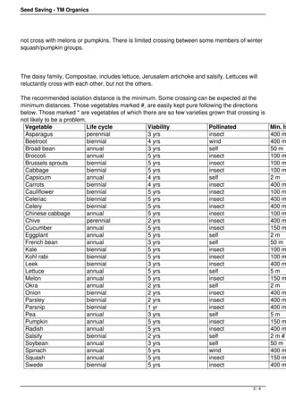Seed Saving - TM Organics 
not cross with melons or pumpkins. There is limited crossing between some members of winter 
squash/pumpkin groups. 
The daisy family, Compositae, includes lettuce, Jerusalem artichoke and salsify. Lettuces will 
reluctantly cross with each other, but not the others. 
The recommended isolation distance is the minimum. Some crossing can be expected at the 
minimum distances. Those vegetables marked #, are easily kept pure following the directions 
below. Those marked * are vegetables of which there are so few varieties grown that crossing is 
not likely to be a problem. 
Vegetable Life cycle Viability Pollinated Min. Isolation 
Asparagus perennial 3 yrs insect 400 m Beetroot biennial 4 yrs wind 400 m 
Broad bean annual 3 yrs self 50 m 
Broccoli annual 5 yrs insect 100 m 
Brussels sprouts biennial 5 yrs insect 100 m 
Cabbage biennial 5 yrs insect 100 m 
Capsicum annual 4 yrs self 2 m 
Carrots biennial 4 yrs insect 400 m 
Cauliflower biennial 5 yrs insect 100 m 
Celeriac biennial 5 yrs insect 400 m Celery biennial 5 yrs insect 400 m 
Chinese cabbage annual 5 yrs insect 100 m 
Chive perennial 2 yrs insect 400 m Cucumber annual 5 yrs insect 150 m Eggplant annual 5 yrs self 2 m 
French bean annual 3 yrs self 50 m 
Kale biennial 5 yrs insect 100 m 
Kohl rabi biennial 5 yrs insect 100 m 
Leek biennial 3 yrs insect 400 m 
Lettuce annual 5 yrs self 5 m 
Melon annual 5 yrs insect 150 m Okra annual 2 yrs self 2 m 
Onion biennial 2 yrs insect 400 m 
Parsley biennial 2 yrs insect 400 m 
Parsnip biennial 1 yr insect 400 m 
Pea annual 3 yrs self 5 m 
Pumpkin annual 5 yrs insect 150 m 
Radish annual 5 yrs insect 400 m 
Salsify biennial 2 yrs self 2 m # 
Soybean annual 3 yrs self 50 m 
Spinach annual 5 yrs wind 400 m 
Squash annual 5 yrs insect 150 m 
Swede biennial 5 yrs insect 400 m 
3 / 4 
 