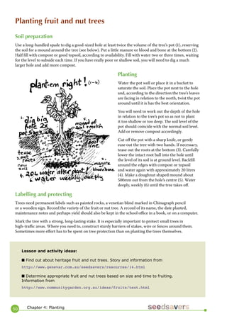 50 
Planting fruit and nut trees 
Soil preparation 
Use a long-handled spade to dig a good-sized hole at least twice the volume of the tree’s pot (1), reserving the soil for a mound around the tree (see below). Put a little manure or blood and bone at the bottom (2). Half fill with compost or good topsoil, according to availability. Fill with water two or three times, waiting for the level to subside each time. If you have really poor or shallow soil, you will need to dig a much larger hole and add more compost. 
Planting 
Water the pot well or place it in a bucket to saturate the soil. Place the pot next to the hole and, according to the direction the tree’s leaves are facing in relation to the north, twist the pot around until it is has the best orientation. 
You will need to work out the depth of the hole in relation to the tree’s pot so as not to plant it too shallow or too deep. The soil level of the pot should coincide with the normal soil level. Add or remove compost accordingly. 
Cut off the pot with a sharp knife, or gently ease out the tree with two hands. If necessary, tease out the roots at the bottom (3). Carefully lower the intact root ball into the hole until the level of its soil is at ground level. Backfill around the edges with compost or topsoil and water again with approximately 20 litres (4). Make a doughnut shaped mound about 500mm out from the hole’s centre (5). Water deeply, weekly (6) until the tree takes off. 
Labelling and protecting 
Trees need permanent labels such as painted rocks, a venetian blind marked in Chinagraph pencil or a wooden sign. Record the variety of the fruit or nut tree. A record of its name, the date planted, maintenance notes and perhaps yield should also be kept in the school office in a book, or on a computer. 
Mark the tree with a strong, long-lasting stake. It is especially important to protect small trees in high-traffic areas. Where you need to, construct sturdy barriers of stakes, wire or fences around them. Sometimes more effort has to be spent on tree protection than on planting the trees themselves. 
Lesson and activity ideas: 
■ Find out about heritage fruit and nut trees. Story and information from 
http://www.genevar.com.au/seedsavers/resources/14.html 
■ Determine appropriate fruit and nut trees based on size and time to fruiting. 
Information from 
http://www.communitygarden.org.au/ideas/fruits/text.html 
Chapter 4: Planting  