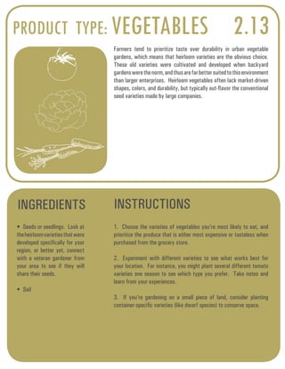 PRODUCT TYPE: VEGETABLES 2.13 
Farmers tend to prioritize taste over durability in urban vegetable 
gardens, which means that heirloom varieties are the obvious choice. 
These old varieties were cultivated and developed when backyard 
gardens were the norm, and thus are far better suited to this environment 
than larger enterprises. Heirloom vegetables often lack market-driven 
shapes, colors, and durability, but typically out-flavor the conventional 
seed varieties made by large companies. 
INGREDIENTS INSTRUCTIONS 
• Seeds or seedlings. Look at 
the heirloom varieties that were 
developed specifically for your 
region, or better yet, connect 
with a veteran gardener from 
your area to see if they will 
share their seeds. 
• Soil 
1. Choose the varieties of vegetables you’re most likely to eat, and 
prioritize the produce that is either most expensive or tasteless when 
purchased from the grocery store. 
2. Experiment with different varieties to see what works best for 
your location. For instance, you might plant several different tomato 
varieties one season to see which type you prefer. Take notes and 
learn from your experiences. 
3. If you’re gardening on a small piece of land, consider planting 
container-specific varieties (like dwarf species) to conserve space. 
 