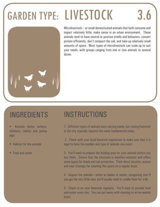 GARDEN TYPE: LIVESTOCK 3.6 
Microlivestock--- or small domesticated animals that both consume and 
impact relatively little, make sense in an urban environment. These 
animals tend to have neutral or positive smells and behaviors, convert 
protein efficiently, don’t compact the soil, and take up relatively small 
amounts of space. Most types of microlivestock can scale up to suit 
your needs, with groups ranging from one or two animals to several 
dozen. 
INGREDIENTS INSTRUCTIONS 
• Animals: ducks, turkeys, 
chickens, rabbits and guinea 
pigs 
• Habitat for the animals 
• Food and water 
1. Different types of animals have varying needs, but raising livestock 
in the city typically requires the same fundamental steps. 
2. Check with your local livestock regulations to make sure that it is 
legal to have the number and type of animals you want. 
3. You’ll need to prepare the holding area for your animals before you 
buy them. Ensure that the structure is weather-resistant and offers 
some space for shade and rain protection. Think about security, access 
and your strategy for cleaning this space on a regular basis. 
4. Acquire the animals--- either as babies or adults, recognizing that if 
you get the very little ones you’ll usually need to coddle them for a bit. 
5. Check in on your livestock regularly. You’ll need to provide food 
and water every day. You can get away with cleaning on an as-needed 
basis. 
 