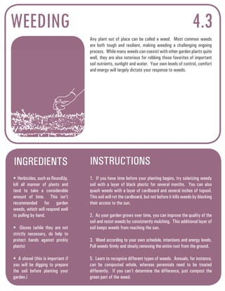 WEEDING 4.3 
Any plant out of place can be called a weed. Most common weeds 
are both tough and resilient, making weeding a challenging ongoing 
process. While many weeds can coexist with other garden plants quite 
well, they are also notorious for robbing those favorites of important 
soil nutrients, sunlight and water. Your own levels of control, comfort 
and energy will largely dictate your response to weeds. 
INGREDIENTS INSTRUCTIONS 
• Herbicides, such as RoundUp, 
kill all manner of plants and 
tend to take a considerable 
amount of time. This isn’t 
recommended for garden 
weeds, which will respond well 
to pulling by hand. 
• Gloves (while they are not 
strictly necessary, do help to 
protect hands against prickly 
plants) 
• A shovel (this is important if 
you will be digging to prepare 
the soil before planting your 
garden.) 
1. If you have time before your planting begins, try solarizing weedy 
soil with a layer of black plastic for several months. You can also 
quash weeds with a layer of cardboard and several inches of topsoil. 
This soil will rot the cardboard, but not before it kills weeds by blocking 
their access to the sun. 
2. As your garden grows over time, you can improve the quality of the 
soil and resist weeds by consistently mulching. This additional layer of 
soil keeps weeds from reaching the sun. 
3. Weed according to your own schedule, intentions and energy levels. 
Pull weeds firmly and slowly,removing the entire root from the ground. 
5. Learn to recognize different types of weeds. Annuals, for instance, 
can be composted whole, whereas perennials need to be treated 
differently. If you can’t determine the difference, just compost the 
green part of the weed. 
 
