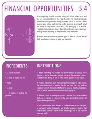 FINANCIAL OPPORTUNITIES 5.4 
It is completely feasible to make money off of an urban farm, and 
like any business endeavor, this type of garden will require a business 
plan and a thorough understanding of market forces to succeed. Many 
growers ease into a profit-turning garden business, starting off small 
and selling extra produce, for instance, and gearing up to fit a niche. 
This kind of development allows them to learn lessons from experience, 
while gradually adapting to the conditions they encounter. 
It makes sense to identify a product type, as well as a buyer, and to 
think about costs in terms of labor and materials. 
INGREDIENTS INSTRUCTIONS 
• A space to garden 
• Access to water and sun 
• Labor 
• A crop 
• A means of selling the 
product 
1. Learn everything you possibly can about the type of product you’ll 
provide, as well as the market needs in your area. Resource the internet, 
books from the library, or talk to other similar growers in your region. 
2. Create a business plan that outlines the anticipated labor needs, 
the initial investment to prepare the site and plant the crop, and the 
expected harvest. Remember to factor in ongoing maintenance costs, 
such as water, over the duration of the planting cycle. 
3. Devise a plan for selling the product, whether that is at the farm 
itself, or at a stand in a market, or by using an existing network of 
friends and acquaintances. 
4. Try your business plan, perhaps at a smaller scale for the first year, 
to see how it works. Keep notes and detailed accounts. Analyze that 
data to see if there are opportunities for savings, and to see if you’re 
making a profit. 
 
