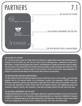 PARTNERS 
7.1 
THE TULANE CITY CENTER 
THE NATIONAL ENDOWMENT FOR THE ARTS 
THE NEW ORLEANS FOOD & FARM NETWORK 
THE TULANE CITY CENTER 
The Tulane City Center houses the Tulane School of Architecture’s applied urban research and outreach programs. 
Programs of the City Center vary over time, but share a focus on improving cities - particularly our home city of 
New Orleans - through fostering global urban research, the development of flexible and innovative urban strategies, 
and the provision of environmentally and culturally informed principles to guide the design and revitalization of the 
contemporary metropolis. An important aspect of the City Center’s work is to ensure that, where appropriate, our 
research is activated through design and construction and/or advocacy and education. 
THE NEW ORLEANS FOOD AND FARM NETWORK 
The New Orleans Food & Farm Network believes everyone should have access to fresh, healthy, and sustainably 
produced food for the long-term health of our environment, economy, and communities. NOFFN works with 
individuals, organizations, growers and communities to help make fresh, healthy food more accessible to everyone. 
As a grassroots organization, the New Orleans Food & Farm Network partners with neighborhood groups and 
community residents to identify their community’s food needs and design solutions that best meet those needs. 
THE NATIONAL ENDOWMENT FOR THE ARTS 
The National Endowment for the Arts is a public agency dedicated to supporting excellence in the arts, both new and 
established; bringing the arts to all Americans; and providing leadership in arts education. Established by Congress 
in 1965 as an independent agency of the federal government, the Endowment is the nation’s largest annual funder 
of the arts, bringing great art to all 50 states, including rural areas, inner cities, and military bases. 
 