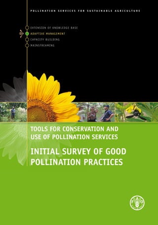 p o l l i n a t i o n s e r v i c e s F OR S U STAINAB LE A G RICU LT U R e 
Extension of Knowledge Base 
Adaptive Management 
Capacity building 
Mainstreaming 
Tools for Conservation and 
Use of Pollination Services 
Initial SURVEY OF GOOD 
POLINATION PRACTICES 
 