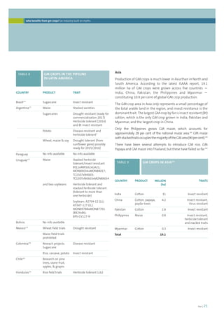 Asia 
Production of GM crops is much lower in Asia than in North and 
South America. According to the latest ISAAA report, 19.1 
million ha of GM crops were grown across five countries — 
India, China, Pakistan, the Philippines and Myanmar — 
constituting 10.9 per cent of global GM crop production. 
The GM crop area in Asia only represents a small percentage of 
the total arable land in the region, and insect resistance is the 
dominant trait. The largest GM crop by far is insect resistant (Bt) 
cotton, which is the only GM crop grown in India, Pakistan and 
Myanmar, and the largest crop in China. 
Only the Philippines grows GM maize, which accounts for 
approximately 28 per cent of the national maize area.183 GM maize 
with stacked traits occupies the majority of the GM area (90 per cent).184 
There have been several attempts to introduce GM rice, GM 
Papaya and GM maize into Thailand, but these have failed so far.185 
foei | 25 
who benefits from gm crops? an industry built on myths 
TABLE 8 GM CROPS IN THE PIPELINE 
COUNTRY 
Brazil176 
Argentina177 
Paraguay 
Uruguay178 
Bolivia 
Mexico179 
Colombia180 
Chile181 
Honduras182 
PRODUCT 
Sugarcane 
Maize 
Sugarcanes 
Potato 
Wheat, maize  soy 
No info available 
Maize 
and two soybeans 
No info available 
Wheat field trials 
Maize field trials 
prohibited 
Reseach projects 
Sugarcane 
Rice, cassava, potato 
Research on pine 
trees, stone fruit, 
apples,  grapes 
Rice field trials 
TRAIT 
Insect resistant 
Stacked varieties 
Drought resistant (ready for 
commercialisation 2017) 
Herbicide tolerant (2014) 
and Bt insect resistant 
Disease resistant and 
herbicide tolerant* 
Drought tolerant (from 
sunflower gene) possibly 
ready for 2015/2016) 
No info available 
Stacked herbicide 
tolerant/insect resistant 
Bt11xMIR162xGA21; 
MON89034xMON88017; 
TC1507xNK603; 
TC1507xNK603xMON89034 
Herbicide tolerant and 
stacked herbicide tolerant 
(tolerant to more than 
one herbicide) 
Soybean: A2704-12 (LL); 
A5547-127 (LL); 
MON89788xMON87701 
(RR2YxBt); 
BPS-CV127-9 
Drought resistant 
Disease resistant 
Insect resistant 
Herbicide tolerant LL62 
IN LATIN AMERICA 
COUNTRY 
India 
China 
Pakistan 
Philippines 
Myanmar 
Total 
PRODUCT 
Cotton 
Cotton, papaya, 
poplar trees 
Cotton 
Maize 
Cotton 
TRAITS 
Insect resistant 
Insect resistant, 
Virus resistant 
Insect resistant 
Insect resistant, 
herbicide tolerant 
and stacked traits 
Insect resistant 
TABLE 9 GM CROPS IN ASIA186 
MILLION 
(ha) 
11 
4.2 
2.8 
0.8 
0.3 
19.1 
 