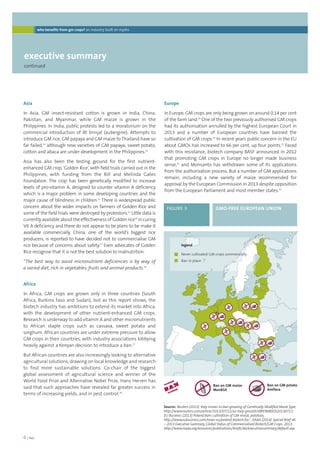 executive summary 
continued 
6 | foei 
who benefits from gm crops? an industry built on myths 
Europe 
In Europe, GM crops are only being grown on around 0.14 per cent 
of the farm land.19 One of the two previously authorised GM crops 
had its authorisation annulled by the highest European Court in 
2013 and a number of European countries have banned the 
cultivation of GM crops.20 In recent years public concern in the EU 
about GMOs has increased to 66 per cent, up four points.21 Faced 
with this resistance, biotech company BASF announced in 2012 
that promoting GM crops in Europe no longer made business 
sense,22 and Monsanto has withdrawn some of its applications 
from the authorisation process. But a number of GM applications 
remain, including a new variety of maize recommended for 
approval by the European Commission in 2013 despite opposition 
from the European Parliament and most member states.23 
FIGURE 3 GMO-FREE EUROPEAN UNION 
legend 
Never cultivated GM crops commercially 
Ban in place 
Ban on GM maize 
Mon810 
Ban on GM potato 
Amflora 
ban 
__ 
Source: Reuters (2013). Italy moves to ban growing of Genetically Modified Maize Type, 
http://www.reuters.com/article/2013/07/12/us-italy-gmoidUSBRE96B0OS20130712; 
EU Business (2013) Poland bans cultivation of GM maize, potatoes, 
http://www.eubusiness.com/news-eu/poland-biotech.llx/ ; ISAAA (2014). Special Brief 46 
– 2013 Executive Summary, Global Status of Commercialised Biotech/GM Crops: 2013, 
http://www.isaaa.org/resources/publications/briefs/46/executivesummary/default.asp 
Asia 
In Asia, GM insect-resistant cotton is grown in India, China, 
Pakistan, and Myanmar, while GM maize is grown in the 
Philippines. In India, public protests led to a moratorium on the 
commercial introduction of Bt brinjal (aubergine). Attempts to 
introduce GM rice, GM papaya and GM maize to Thailand have so 
far failed,10 although new varieties of GM papaya, sweet potato, 
cotton and abaca are under development in the Philippines.11 
Asia has also been the testing ground for the first nutrient-enhanced 
GM crop, ‘Golden Rice’, with field trials carried out in the 
Philippines, with funding from the Bill and Melinda Gates 
Foundation. The crop has been genetically modified to increase 
levels of pro-vitamin A, designed to counter vitamin A deficiency 
which is a major problem in some developing countries and the 
major cause of blindness in children.12 There is widespread public 
concern about the wider impacts on farmers of Golden Rice and 
some of the field trials were destroyed by protestors.13 Little data is 
currently available about the effectiveness of Golden rice14 in curing 
Vit A deficiency and there do not appear to be plans to be make it 
available commercially. China, one of the world’s biggest rice 
producers, is reported to have decided not to commercialise GM 
rice because of concerns about safety.15 Even advocates of Golden 
Rice recognise that it is not the best solution to malnutrition. 
“The best way to avoid micronutrient deficiencies is by way of 
a varied diet, rich in vegetables, fruits and animal products.16 
Africa 
In Africa, GM crops are grown only in three countries (South 
Africa, Burkina Faso and Sudan), but as this report shows, the 
biotech industry has ambitions to extend its market into Africa, 
with the development of other nutrient-enhanced GM crops. 
Research is underway to add vitamin A and other micronutrients 
to African staple crops such as cassava, sweet potato and 
sorghum. African countries are under extreme pressure to allow 
GM crops in their countries, with industry associations lobbying 
heavily against a Kenyan decision to introduce a ban.17 
But African countries are also increasingly looking to alternative 
agricultural solutions, drawing on local knowledge and research 
to find more sustainable solutions. Co-chair of the biggest 
global assessment of agricultural science and winner of the 
World Food Prize and Alternative Nobel Prize, Hans Herren has 
said that such approaches have revealed far greater success in 
terms of increasing yields, and in pest control.18 
 
