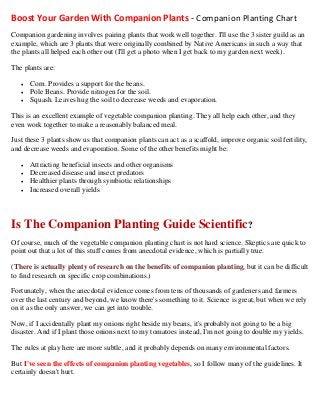 Boost Your Garden With Companion Plants - Companion Planting Chart 
Companion gardening involves pairing plants that work well together. I'll use the 3 sister guild as an example, which are 3 plants that were originally combined by Native Americans in such a way that the plants all helped each other out (I'll get a photo when I get back to my garden next week). 
The plants are: 
 Corn. Provides a support for the beans. 
 Pole Beans. Provide nitrogen for the soil. 
 Squash. Leaves hug the soil to decrease weeds and evaporation. 
This is an excellent example of vegetable companion planting. They all help each other, and they even work together to make a reasonably balanced meal. 
Just these 3 plants show us that companion plants can act as a scaffold, improve organic soil fertility, and decrease weeds and evaporation. Some of the other benefits might be: 
 Attracting beneficial insects and other organisms 
 Decreased disease and insect predators 
 Healthier plants through symbiotic relationships 
 Increased overall yields 
Is The Companion Planting Guide Scientific? 
Of course, much of the vegetable companion planting chart is not hard science. Skeptics are quick to point out that a lot of this stuff comes from anecdotal evidence, which is partially true. 
(There is actually plenty of research on the benefits of companion planting, but it can be difficult to find research on specific crop combinations.) 
Fortunately, when the anecdotal evidence comes from tens of thousands of gardeners and farmers over the last century and beyond, we know there's something to it. Science is great, but when we rely on it as the only answer, we can get into trouble. 
Now, if I accidentally plant my onions right beside my beans, it's probably not going to be a big disaster. And if I plant those onions next to my tomatoes instead, I'm not going to double my yields. 
The rules at play here are more subtle, and it probably depends on many environmental factors. 
But I've seen the effects of companion planting vegetables, so I follow many of the guidelines. It certainly doesn't hurt. 
 