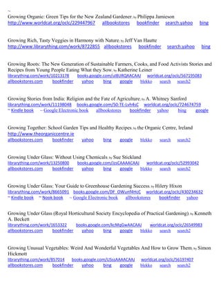 ~ 
Growing Organic: Green Tips for the New Zealand Gardener; by Philippa Jamieson http://www.worldcat.org/oclc/229447967 allbookstores bookfinder search.yahoo bing 
Growing Rich, Tasty Veggies in Harmony with Nature; by Jeff Van Hautte http://www.librarything.com/work/8722855 allbookstores bookfinder search.yahoo bing 
Growing Roots: The New Generation of Sustainable Farmers, Cooks, and Food Activists Stories and Recipes from Young People Eating What they Sow; by Katherine Leiner librarything.com/work/10213178 books.google.com/uI8URQAACAAJ worldcat.org/oclc/567195083 
allbookstores.com bookfinder yahoo bing google blekko search search2 
Growing Stories from India: Religion and the Fate of Agriculture; by A. Whitney Sanford librarything.com/work/11198048 books.google.com/S0-TE-Lvh4sC worldcat.org/oclc/724674759 ~ Kindle book ~ Google Electronic book allbookstores bookfinder yahoo bing google 
Growing Together: School Garden Tips and Healthy Recipes; by the Organic Centre, Ireland http://www.theorganiccentre.ie allbookstores.com bookfinder yahoo bing google blekko search search2 
Growing Under Glass: Without Using Chemicals; by Sue Stickland 
librarything.com/work/13250800 books.google.com/JzsCAAAACAAJ worldcat.org/oclc/52993042 
allbookstores.com bookfinder yahoo bing google blekko search search2 
Growing Under Glass: Your Guide to Greenhouse Gardening Success; by Hilery Hixon librarything.com/work/8665091 books.google.com/DF_OWunf4HcC worldcat.org/oclc/430234632 ~ Kindle book ~ Nook book ~ Google Electronic book allbookstores bookfinder yahoo 
Growing Under Glass (Royal Horticultural Society Encyclopedia of Practical Gardening); by Kenneth A. Beckett librarything.com/work/1653322 books.google.com/kcMqGwAACAAJ worldcat.org/oclc/26549983 
allbookstores.com bookfinder yahoo bing google blekko search search2 
Growing Unusual Vegetables: Weird And Wonderful Vegetables And How to Grow Them; by Simon Hickmott librarything.com/work/857014 books.google.com/USssAAAACAAJ worldcat.org/oclc/56197407 
allbookstores.com bookfinder yahoo bing google blekko search search2 
 