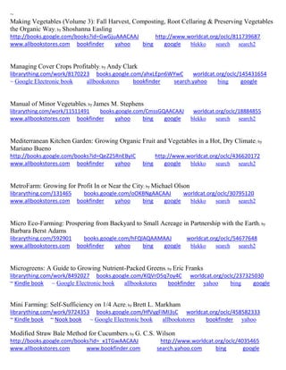 ~ Making Vegetables (Volume 3): Fall Harvest, Composting, Root Cellaring & Preserving Vegetables the Organic Way; by Shoshanna Easling http://books.google.com/books?id=GwGjuAAACAAJ http://www.worldcat.org/oclc/811739687 
www.allbookstores.com bookfinder yahoo bing google blekko search search2 
Managing Cover Crops Profitably; by Andy Clark librarything.com/work/8170223 books.google.com/ahxLEpn6WYwC worldcat.org/oclc/145431654 ~ Google Electronic book allbookstores bookfinder search.yahoo bing google 
Manual of Minor Vegetables; by James M. Stephens librarything.com/work/11511491 books.google.com/CmssGQAACAAJ worldcat.org/oclc/18884855 
www.allbookstores.com bookfinder yahoo bing google blekko search search2 
Mediterranean Kitchen Garden: Growing Organic Fruit and Vegetables in a Hot, Dry Climate; by Mariano Bueno http://books.google.com/books?id=QeZ25RnEByIC http://www.worldcat.org/oclc/436620172 www.allbookstores.com bookfinder yahoo bing google blekko search search2 
MetroFarm: Growing for Profit In or Near the City; by Michael Olson librarything.com/131465 books.google.com/oOKBNgAACAAJ worldcat.org/oclc/30795120 www.allbookstores.com bookfinder yahoo bing google blekko search search2 
Micro Eco-Farming: Prospering from Backyard to Small Acreage in Partnership with the Earth; by Barbara Berst Adams librarything.com/592901 books.google.com/hFQlAQAAMAAJ worldcat.org/oclc/54677648 www.allbookstores.com bookfinder yahoo bing google blekko search search2 
Microgreens: A Guide to Growing Nutrient-Packed Greens; by Eric Franks librarything.com/work/8492027 books.google.com/KQVrD5q7oy4C worldcat.org/oclc/237325030 
~ Kindle book ~ Google Electronic book allbookstores bookfinder yahoo bing google 
Mini Farming: Self-Sufficiency on 1/4 Acre; by Brett L. Markham librarything.com/work/9724353 books.google.com/HfVygFIMI3sC worldcat.org/oclc/458582333 ~ Kindle book ~ Nook book ~ Google Electronic book allbookstores bookfinder yahoo 
Modified Straw Bale Method for Cucumbers; by G. C.S. Wilson http://books.google.com/books?id=_x1TGwAACAAJ http://www.worldcat.org/oclc/4035465 www.allbookstores.com www.bookfinder.com search.yahoo.com bing google 
 