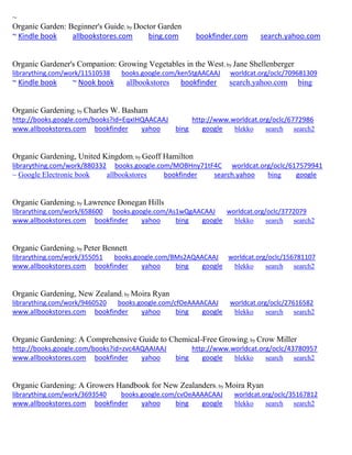 ~ 
Organic Garden: Beginner's Guide; by Doctor Garden ~ Kindle book allbookstores.com bing.com bookfinder.com search.yahoo.com 
Organic Gardener's Companion: Growing Vegetables in the West; by Jane Shellenberger librarything.com/work/11510538 books.google.com/ken5tgAACAAJ worldcat.org/oclc/709681309 ~ Kindle book ~ Nook book allbookstores bookfinder search.yahoo.com bing 
Organic Gardening; by Charles W. Basham 
http://books.google.com/books?id=EqxIHQAACAAJ http://www.worldcat.org/oclc/6772986 www.allbookstores.com bookfinder yahoo bing google blekko search search2 
Organic Gardening, United Kingdom; by Geoff Hamilton librarything.com/work/880332 books.google.com/MOBHny71tF4C worldcat.org/oclc/617579941 
~ Google Electronic book allbookstores bookfinder search.yahoo bing google 
Organic Gardening; by Lawrence Donegan Hills librarything.com/work/658600 books.google.com/As1wQgAACAAJ worldcat.org/oclc/3772079 
www.allbookstores.com bookfinder yahoo bing google blekko search search2 
Organic Gardening; by Peter Bennett librarything.com/work/355051 books.google.com/BMs2AQAACAAJ worldcat.org/oclc/156781107 
www.allbookstores.com bookfinder yahoo bing google blekko search search2 
Organic Gardening, New Zealand; by Moira Ryan librarything.com/work/9460520 books.google.com/cfOeAAAACAAJ worldcat.org/oclc/27616582 
www.allbookstores.com bookfinder yahoo bing google blekko search search2 
Organic Gardening: A Comprehensive Guide to Chemical-Free Growing; by Crow Miller http://books.google.com/books?id=zvc4AQAAIAAJ http://www.worldcat.org/oclc/43780957 www.allbookstores.com bookfinder yahoo bing google blekko search search2 
Organic Gardening: A Growers Handbook for New Zealanders; by Moira Ryan librarything.com/work/3693540 books.google.com/cvOeAAAACAAJ worldcat.org/oclc/35167812 
www.allbookstores.com bookfinder yahoo bing google blekko search search2 
 