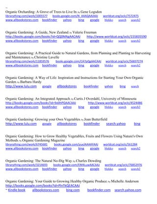 ~ 
Organic Orcharding: A Grove of Trees to Live In; by Gene Logsdon librarything.com/work/1005577 books.google.com/N_A4AQAAIAAJ worldcat.org/oclc/7572475 
www.allbookstores.com bookfinder yahoo bing google blekko search search2 
Organic Gardening: A Guide, New Zealand; by Valerie Freeman http://books.google.com/books?id=QQ0MAgAACAAJ http://www.worldcat.org/oclc/155835590 
www.allbookstores.com bookfinder yahoo bing google blekko search search2 
Organic Gardening: A Practical Guide to Natural Gardens, from Planning and Planting to Harvesting and Maintenance; by Christine Lavelle librarything.com/work/11859576 books.google.com/CA7pQgAACAAJ worldcat.org/oclc/56837274 
www.allbookstores.com bookfinder yahoo bing google blekko search search2 
Organic Gardening: A Way of Life: Inspiration and Instructions for Starting Your Own Organic Garden; by Barbara Hardy http://www.lulu.com google allbookstores bookfinder yahoo bing search 
Organic Gardening: An Integrated Approach; by Curtis J Overdahl, University of Minnesota http://books.google.com/books?id=9o0hPQAACAAJ http://www.worldcat.org/oclc/4524486 www.allbookstores.com bookfinder yahoo bing google blekko search search2 
Organic Gardening: Growing your Own Vegetables; by Joan Butterfield http://www.lulu.com google allbookstores bookfinder search.yahoo bing 
Organic Gardening: How to Grow Healthy Vegetables, Fruits and Flowers Using Nature's Own Methods; by Organic Gardening Magazine librarything.com/work/6745681 books.google.com/yuxJAAAAYAAJ worldcat.org/oclc/561284 
www.allbookstores.com bookfinder yahoo bing google blekko search search2 
Organic Gardening: The Natural No-Dig Way; by Charles Dowding librarything.com/work/3214693 books.google.com/EM4LuwAACAAJ worldcat.org/oclc/76852976 
www.allbookstores.com bookfinder yahoo bing google blekko search search2 
Organic Gardening: Your Guide to Growing Healthy Organic Produce; by Michelle Anderson http://books.google.com/books?id=PlnTkQEACAAJ ~ Kindle book allbookstores.com bing.com bookfinder.com search.yahoo.com  