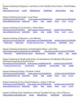 ~ 
Organic Gardening for Beginners: Learn How to Grow Healthy Food at Home; by Niche Products Group http://www.lulu.com google allbookstores bookfinder search.yahoo bing 
Organic Gardening for Canada; by Laura Peters librarything.com/work/9743132 books.google.com/RVRzRAAACAAJ worldcat.org/oclc/499430338 
www.allbookstores.com bookfinder yahoo bing google blekko search search2 
Organic Gardening for City Dwellers; by Walter Harter librarything.com/work/3605472 books.google.com/gyulGwAACAAJ worldcat.org/oclc/629164 
www.allbookstores.com bookfinder yahoo bing google blekko search search2 
Organic Gardening for Dummies; by Ann Whitman librarything.com/work/427103 books.google.com/7MfmWEyF4dkC worldcat.org/oclc/316346746 ~ Kindle book ~ Nook book ~ Google Electronic book allbookstores bookfinder yahoo 
Organic Gardening for Dummies, United Kingdom Edition; by Sue Fisher http://books.google.com/books?id=Ne_IBOqWkOkC http://www.worldcat.org/oclc/751742038 ~ Nook book ~ Google Electronic book allbookstores bookfinder yahoo bing google 
Organic Gardening for Health and Nutrition: An Introduction to the Method of Bio-dynamic Gardening Inaugurated by Rudolf Steiner librarything.com/work/2924530 books.google.com/86Y6qCo8-tAC worldcat.org/oclc/550329 
~ Google Electronic book allbookstores bookfinder search.yahoo bing google 
Organic Gardening for Kids; by Elizabeth J. Scholl librarything.com/work/8369060 books.google.com/rXhaPgAACAAJ worldcat.org/oclc/302188955 
www.allbookstores.com bookfinder yahoo bing google blekko search search2 
Organic Gardening for New Zealand Gardeners; by Judyth A. McLeod librarything.com/work/8186189 books.google.com/Ux6hPQAACAAJ worldcat.org/oclc/16145540 
www.allbookstores.com bookfinder yahoo bing google blekko search search2 
Organic Gardening Guide: Intoduction to Natural Vegetable Growing; by Sam A Mancuso https://www.createspace.com google allbookstores bookfinder search.yahoo 
 