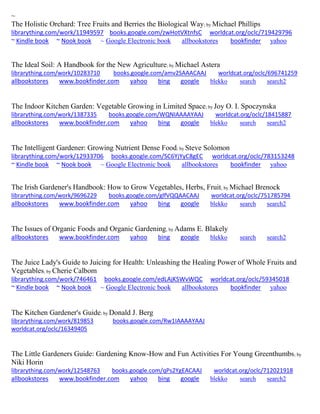 ~ 
The Holistic Orchard: Tree Fruits and Berries the Biological Way; by Michael Phillips 
librarything.com/work/11949597 books.google.com/zwHotVXtnfsC worldcat.org/oclc/719429796 
~ Kindle book ~ Nook book ~ Google Electronic book allbookstores bookfinder yahoo 
The Ideal Soil: A Handbook for the New Agriculture; by Michael Astera librarything.com/work/10283710 books.google.com/amv2SAAACAAJ worldcat.org/oclc/696741259 
allbookstores www.bookfinder.com yahoo bing google blekko search search2 
The Indoor Kitchen Garden: Vegetable Growing in Limited Space; by Joy O. I. Spoczynska librarything.com/work/1387335 books.google.com/WQNIAAAAYAAJ worldcat.org/oclc/18415887 
allbookstores www.bookfinder.com yahoo bing google blekko search search2 
The Intelligent Gardener: Growing Nutrient Dense Food; by Steve Solomon librarything.com/work/12933706 books.google.com/SC6YjYyC8gEC worldcat.org/oclc/783153248 ~ Kindle book ~ Nook book ~ Google Electronic book allbookstores bookfinder yahoo 
The Irish Gardener's Handbook: How to Grow Vegetables, Herbs, Fruit; by Michael Brenock librarything.com/work/9696229 books.google.com/glfVQQAACAAJ worldcat.org/oclc/751785794 
allbookstores www.bookfinder.com yahoo bing google blekko search search2 
The Issues of Organic Foods and Organic Gardening; by Adams E. Blakely allbookstores www.bookfinder.com yahoo bing google blekko search search2 
The Juice Lady's Guide to Juicing for Health: Unleashing the Healing Power of Whole Fruits and Vegetables; by Cherie Calbom librarything.com/work/746461 books.google.com/edLAjKSWvWQC worldcat.org/oclc/59345018 ~ Kindle book ~ Nook book ~ Google Electronic book allbookstores bookfinder yahoo 
The Kitchen Gardener's Guide; by Donald J. Berg librarything.com/work/819853 books.google.com/Rw1IAAAAYAAJ worldcat.org/oclc/16349405 
The Little Gardeners Guide: Gardening Know-How and Fun Activities For Young Greenthumbs; by Niki Horin librarything.com/work/12548763 books.google.com/qPs2YgEACAAJ worldcat.org/oclc/712021918 
allbookstores www.bookfinder.com yahoo bing google blekko search search2 
 