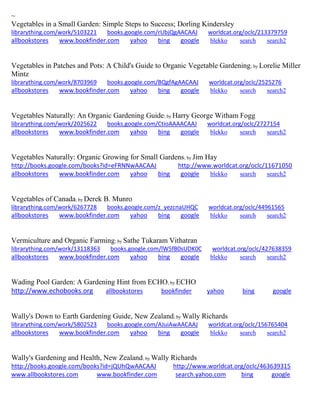 ~ 
Vegetables in a Small Garden: Simple Steps to Success; Dorling Kindersley librarything.com/work/5103221 books.google.com/rUbjQgAACAAJ worldcat.org/oclc/213379759 
allbookstores www.bookfinder.com yahoo bing google blekko search search2 
Vegetables in Patches and Pots: A Child's Guide to Organic Vegetable Gardening; by Lorelie Miller Mintz librarything.com/work/8703969 books.google.com/BQgfAgAACAAJ worldcat.org/oclc/2525276 
allbookstores www.bookfinder.com yahoo bing google blekko search search2 
Vegetables Naturally: An Organic Gardening Guide; by Harry George Witham Fogg librarything.com/work/2025622 books.google.com/CtioAAAACAAJ worldcat.org/oclc/2727154 
allbookstores www.bookfinder.com yahoo bing google blekko search search2 
Vegetables Naturally: Organic Growing for Small Gardens; by Jim Hay http://books.google.com/books?id=eFRNNwAACAAJ http://www.worldcat.org/oclc/11671050 allbookstores www.bookfinder.com yahoo bing google blekko search search2 
Vegetables of Canada; by Derek B. Munro librarything.com/work/6267728 books.google.com/z_yezcnaUHQC worldcat.org/oclc/44961565 
allbookstores www.bookfinder.com yahoo bing google blekko search search2 
Vermiculture and Organic Farming; by Sathe Tukaram Vithatran librarything.com/work/13118363 books.google.com/lW5fB0sUDK0C worldcat.org/oclc/427638359 
allbookstores www.bookfinder.com yahoo bing google blekko search search2 
Wading Pool Garden: A Gardening Hint from ECHO; by ECHO http://www.echobooks.org allbookstores bookfinder yahoo bing google 
Wally's Down to Earth Gardening Guide, New Zealand; by Wally Richards librarything.com/work/5802523 books.google.com/AJuiAwAACAAJ worldcat.org/oclc/156765404 
allbookstores www.bookfinder.com yahoo bing google blekko search search2 
Wally's Gardening and Health, New Zealand; by Wally Richards http://books.google.com/books?id=jQUhQwAACAAJ http://www.worldcat.org/oclc/463639315 www.allbookstores.com www.bookfinder.com search.yahoo.com bing google 
 