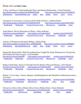 ~ 
BOOK LIST and Other Links 
A Way with Horses: Understanding the Horse and Human Relationship; by Trudy Nicholson http://books.google.com/books?id=W4RlMYlEksMC http://www.worldcat.org/oclc/156238767 
allbookstores www.bookfinder.com yahoo bing google blekko search search2 
Adventures In Awareness: Learning with the Help of Horses; by Barbara Rector http://books.google.com/books?id=eUWEO6DTYZUC http://www.worldcat.org/oclc/85373016 ~ Kindle book ~ Nook book ~ Google Electronic book allbookstores bookfinder yahoo 
Angel Horses: Divine Messengers of Hope; by Allen Anderson librarything.com/work/4921673 books.google.com/huqEUIyb9loC worldcat.org/oclc/70219878 ~ Kindle book ~ Nook book ~ Google Electronic book allbookstores bookfinder yahoo 
Aspects of Therapeutic Horseback Riding; by Detley Riede http://books.google.com/books?id=S_oOAQAAMAAJ http://www.worldcat.org/oclc/20908245 
allbookstores www.bookfinder.com yahoo bing google blekko search search2 
Beyond the Homestretch: What Saving Racehorses Taught Me About Starting Over, Facing Fear, and Finding My Inner Cowgirl; by Lynn Reardon librarything.com/work/9309438 books.google.com/xnmjqTrofHkC worldcat.org/oclc/429601591 ~ Kindle book ~ Nook book ~ Google Electronic book allbookstores bookfinder yahoo 
Bridge Called Hope: Stories of Triumph from the Ranch of Rescued Dreams; by Kim Meeder librarything.com/work/1707345 books.google.com/TJQPOhbLYK0C worldcat.org/oclc/70718219 ~ Kindle book ~ Nook book ~ Google Electronic book allbookstores bookfinder yahoo 
Broken: A Love Story - Horses, Humans, and Redemption on the Wind River Indian Reservation; by Lisa Jones librarything.com/work/8140667 books.google.com/Of5aXerDDXcC worldcat.org/oclc/232979205 ~ Kindle book ~ Nook book allbookstores bookfinder yahoo bing google 
Chosen by a Horse: How a Broken Horse Fixed a Broken Heart; by Susan Richards librarything.com/work/933193 books.google.com/hoCW3bjKyy8C worldcat.org/oclc/225865815 ~ Kindle book allbookstores bookfinder yahoo bing google 
 