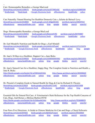 ~ Cats: Homoeopathic Remedies; by George MacLeod librarything.com/work/1108571 books.google.com/cyUDTTMElaQC worldcat.org/oclc/62889398 ~ Kindle book ~ Nook book ~ Google Electronic book allbookstores bookfinder yahoo 
Cats Naturally: Natural Rearing For Healthier Domestic Cats; by Juliette de Bairacli Levy librarything.com/work/2418842 books.google.com/2-JkQgAACAAJ worldcat.org/oclc/28587016 
allbookstores www.bookfinder.com yahoo bing google blekko search search2 
Dogs: Homoeopathic Remedies; by George MacLeod librarything.com/work/1136015 books.google.com/8xeLUeIFJfIC worldcat.org/oclc/60794887 ~ Kindle book ~ Nook book ~ Google Electronic book allbookstores bookfinder yahoo 
Dr. Earl Mindell's Nutrition and Health for Dogs; by Earl Mindell librarything.com/work/4452635 books.google.com/e4VbrVdTyqkC worldcat.org/oclc/171151674 ~ Kindle book ~ Google Electronic book allbookstores bookfinder yahoo bing google 
Dr. Jane's 30 Days to a Healthier, Happier Cat; by Jane Bicks librarything.com/work/2544656 books.google.com/UStWAAAAYAAJ worldcat.org/oclc/36011655 
allbookstores www.bookfinder.com yahoo bing google blekko search search2 
Dr. Jane's Natural Care for a Healthier, Happy Dog: The Complete Guide to Nutrition and Health; by Jane R. Bicks http://books.google.com/books?id=xClWAAAAYAAJ http://www.worldcat.org/oclc/40200669 allbookstores www.bookfinder.com yahoo bing google blekko search search2 
Dr. Pitcairn's Complete Guide to Natural Health for Dogs & Cats by Richard H. Pitcairn librarything.com/work/223829 books.google.com/tEsoP6-T1tAC worldcat.org/oclc/60375498 ~ Kindle book ~ Google Electronic book allbookstores bookfinder yahoo bing google 
Essential Oils for Natural Pet Care: A Veterinarian's Desk Reference for the Top Health Concerns of Cats, Dogs, And Horses; by Melissa Shelton DVM http://books.google.com/books?id=SU5XXwAACAAJ http://www.worldcat.org/oclc/793688829 
allbookstores www.bookfinder.com yahoo bing google blekko search search2 
Four Paws Five Directions: A Guide to Chinese Medicine for Cats and Dogs; by Cheryl Schwartz librarything.com/work/697826 books.google.com/QkIK2pTUapcC worldcat.org/oclc/34564830 
allbookstores www.bookfinder.com yahoo bing google blekko search search2 
 