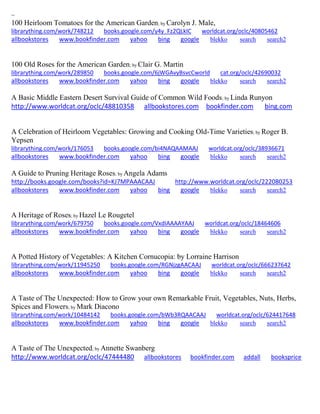 ~ 
100 Heirloom Tomatoes for the American Garden; by Carolyn J. Male, librarything.com/work/748212 books.google.com/y4y_Fz2QLkIC worldcat.org/oclc/40805462 
allbookstores www.bookfinder.com yahoo bing google blekko search search2 
100 Old Roses for the American Garden; by Clair G. Martin librarything.com/work/289850 books.google.com/6jWGAvyBsvcCworld cat.org/oclc/42690032 
allbookstores www.bookfinder.com yahoo bing google blekko search search2 
A Basic Middle Eastern Desert Survival Guide of Common Wild Foods; by Linda Runyon http://www.worldcat.org/oclc/48810358 allbookstores.com bookfinder.com bing.com 
A Celebration of Heirloom Vegetables: Growing and Cooking Old-Time Varieties; by Roger B. Yepsen librarything.com/work/176053 books.google.com/bi4NAQAAMAAJ worldcat.org/oclc/38936671 
allbookstores www.bookfinder.com yahoo bing google blekko search search2 
A Guide to Pruning Heritage Roses; by Angela Adams http://books.google.com/books?id=KJ7MPAAACAAJ http://www.worldcat.org/oclc/222080253 allbookstores www.bookfinder.com yahoo bing google blekko search search2 
A Heritage of Roses; by Hazel Le Rougetel librarything.com/work/679750 books.google.com/VxdIAAAAYAAJ worldcat.org/oclc/18464606 
allbookstores www.bookfinder.com yahoo bing google blekko search search2 
A Potted History of Vegetables: A Kitchen Cornucopia: by Lorraine Harrison librarything.com/work/11945250 books.google.com/RGNjzgAACAAJ worldcat.org/oclc/666237642 
allbookstores www.bookfinder.com yahoo bing google blekko search search2 
A Taste of The Unexpected: How to Grow your own Remarkable Fruit, Vegetables, Nuts, Herbs, Spices and Flowers; by Mark Diacono librarything.com/work/10484142 books.google.com/bWb3RQAACAAJ worldcat.org/oclc/624417648 
allbookstores www.bookfinder.com yahoo bing google blekko search search2 
A Taste of The Unexpected; by Annette Swanberg http://www.worldcat.org/oclc/47444480 allbookstores bookfinder.com addall booksprice 
 