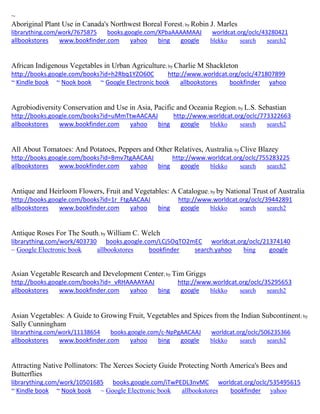 ~ Aboriginal Plant Use in Canada's Northwest Boreal Forest; by Robin J. Marles librarything.com/work/7675875 books.google.com/XPbaAAAAMAAJ worldcat.org/oclc/43280421 
allbookstores www.bookfinder.com yahoo bing google blekko search search2 
African Indigenous Vegetables in Urban Agriculture; by Charlie M Shackleton http://books.google.com/books?id=h2Rbq1YZO60C http://www.worldcat.org/oclc/471807899 ~ Kindle book ~ Nook book ~ Google Electronic book allbookstores bookfinder yahoo 
Agrobiodiversity Conservation and Use in Asia, Pacific and Oceania Region; by L.S. Sebastian http://books.google.com/books?id=uMmTtwAACAAJ http://www.worldcat.org/oclc/773322663 allbookstores www.bookfinder.com yahoo bing google blekko search search2 
All About Tomatoes: And Potatoes, Peppers and Other Relatives, Australia; by Clive Blazey http://books.google.com/books?id=Bmv7tgAACAAJ http://www.worldcat.org/oclc/755283225 allbookstores www.bookfinder.com yahoo bing google blekko search search2 
Antique and Heirloom Flowers, Fruit and Vegetables: A Catalogue; by by National Trust of Australia http://books.google.com/books?id=1r_FtgAACAAJ http://www.worldcat.org/oclc/39442891 allbookstores www.bookfinder.com yahoo bing google blekko search search2 
Antique Roses For The South; by William C. Welch librarything.com/work/403730 books.google.com/LCj5OqTO2mEC worldcat.org/oclc/21374140 
~ Google Electronic book allbookstores bookfinder search.yahoo bing google 
Asian Vegetable Research and Development Center; by Tim Griggs http://books.google.com/books?id=_vRHAAAAYAAJ http://www.worldcat.org/oclc/35295653 allbookstores www.bookfinder.com yahoo bing google blekko search search2 
Asian Vegetables: A Guide to Growing Fruit, Vegetables and Spices from the Indian Subcontinent; by Sally Cunningham librarything.com/work/11138654 books.google.com/c-NpPgAACAAJ worldcat.org/oclc/506235366 
allbookstores www.bookfinder.com yahoo bing google blekko search search2 
Attracting Native Pollinators: The Xerces Society Guide Protecting North America's Bees and Butterflies librarything.com/work/10501685 books.google.com/iTwPEDL3nvMC worldcat.org/oclc/535495615 ~ Kindle book ~ Nook book ~ Google Electronic book allbookstores bookfinder yahoo 
 