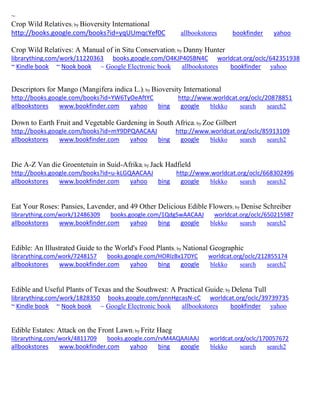 ~ 
Crop Wild Relatives; by Bioversity International http://books.google.com/books?id=yqUUmqcYef0C allbookstores bookfinder yahoo 
Crop Wild Relatives: A Manual of in Situ Conservation; by Danny Hunter librarything.com/work/11220363 books.google.com/O4KJP40SBN4C worldcat.org/oclc/642351938 ~ Kindle book ~ Nook book ~ Google Electronic book allbookstores bookfinder yahoo 
Descriptors for Mango (Mangifera indica L.); by Bioversity International http://books.google.com/books?id=YW6TyOeAftYC http://www.worldcat.org/oclc/20878851 allbookstores www.bookfinder.com yahoo bing google blekko search search2 
Down to Earth Fruit and Vegetable Gardening in South Africa; by Zoe Gilbert http://books.google.com/books?id=mY9DPQAACAAJ http://www.worldcat.org/oclc/85913109 allbookstores www.bookfinder.com yahoo bing google blekko search search2 
Die A-Z Van die Groentetuin in Suid-Afrika; by Jack Hadfield http://books.google.com/books?id=u-kLGQAACAAJ http://www.worldcat.org/oclc/668302496 allbookstores www.bookfinder.com yahoo bing google blekko search search2 
Eat Your Roses: Pansies, Lavender, and 49 Other Delicious Edible Flowers; by Denise Schreiber librarything.com/work/12486309 books.google.com/1QdgSwAACAAJ worldcat.org/oclc/650215987 
allbookstores www.bookfinder.com yahoo bing google blekko search search2 
Edible: An Illustrated Guide to the World's Food Plants; by National Geographic librarything.com/work/7248157 books.google.com/HORIzBx17DYC worldcat.org/oclc/212855174 
allbookstores www.bookfinder.com yahoo bing google blekko search search2 
Edible and Useful Plants of Texas and the Southwest: A Practical Guide; by Delena Tull librarything.com/work/1828350 books.google.com/pnnHgcasN-cC worldcat.org/oclc/39739735 ~ Kindle book ~ Nook book ~ Google Electronic book allbookstores bookfinder yahoo 
Edible Estates: Attack on the Front Lawn; by Fritz Haeg librarything.com/work/4811709 books.google.com/rvM4AQAAIAAJ worldcat.org/oclc/170057672 
allbookstores www.bookfinder.com yahoo bing google blekko search search2 
 