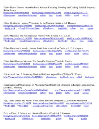 ~ 
Edible Flower Garden: From Garden to Kitchen: Choosing, Growing and Cooking Edible Flowers; by Kathy Brown librarything.com/work/314753 books.google.com/96rpNwAACAAJ worldcat.org/oclc/41611171 
allbookstores www.bookfinder.com yahoo bing google blekko search search2 
Edible Heirlooms: Heritage Vegetables for the Maritme Garden; by Bill Thorness librarything.com/work/10078345 books.google.com/xCobUshBhpoC worldcat.org/oclc/316035485 ~ Kindle book ~ Google Electronic book allbookstores bookfinder yahoo bing google 
Edible Medicinal and Non-medicinal Plants: Fruits, Volume 3; T. K. Lim librarything.com/work/12522682 books.google.com/32rWbxUtjeMC worldcat.org/oclc/777214147 ~ Kindle book ~ Google Electronic book allbookstores bookfinder yahoo bing google 
Edible Plants and Animals: Unusual Foods from Aardvark to Zamia; by A. D. Livingston librarything.com/work/2245452 books.google.com/BUuSQgAACAAJ worldcat.org/oclc/27035871 
allbookstores www.bookfinder.com yahoo bing google blekko search search2 
Edible Wild Plants of Vietnam: The Bountiful Garden; by Yoshitaka Tanaka librarything.com/work/6254592 books.google.com/3TddBAAACAAJ worldcat.org/oclc/85840629 
allbookstores www.bookfinder.com yahoo bing google blekko search search2 
Epicure with Hoe: A Gardening Guide to Heirloom Vegetables; by William W. Weaver http://www.worldcat.org/oclc/664376826 allbookstores bookfinder.com addall booksprice 
Experiments and Observations on Aboriginal Wild Plant Food Utilization in Eastern North America; by Patrick J Munson; http://books.google.com/books?id=nG8aAQAAIAAJ http://www.worldcat.org/oclc/11249200 allbookstores www.bookfinder.com yahoo bing google blekko search search2 
Figs, Dates, Laurel, and Myrrh: Plants of the Bible and the Quran; by Lytton John Musselman librarything.com/work/5159174 books.google.com/bVUXUygxSDMC worldcat.org/oclc/124538759 ~ Kindle book ~ Nook book ~ Google Electronic book allbookstores bookfinder yahoo 
Food in China: A Cultural and Historical Inquiry; by Frederick J. Simoons librarything.com/work/384515 books.google.com/Fo087ZxohA4C worldcat.org/oclc/20392910 ~ Kindle book allbookstores bookfinder yahoo bing google 
 