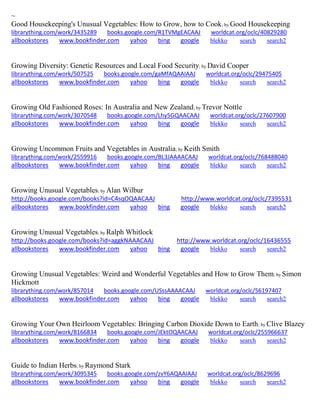~ 
Good Housekeeping's Unusual Vegetables: How to Grow, how to Cook; by Good Housekeeping librarything.com/work/3435289 books.google.com/R1TVMgEACAAJ worldcat.org/oclc/40829280 
allbookstores www.bookfinder.com yahoo bing google blekko search search2 
Growing Diversity: Genetic Resources and Local Food Security; by David Cooper librarything.com/work/507525 books.google.com/gaMfAQAAIAAJ worldcat.org/oclc/29475405 
allbookstores www.bookfinder.com yahoo bing google blekko search search2 
Growing Old Fashioned Roses: In Australia and New Zealand; by Trevor Nottle librarything.com/work/3070548 books.google.com/Lhy5GQAACAAJ worldcat.org/oclc/27607900 
allbookstores www.bookfinder.com yahoo bing google blekko search search2 
Growing Uncommon Fruits and Vegetables in Australia; by Keith Smith librarything.com/work/2559916 books.google.com/BL3JAAAACAAJ worldcat.org/oclc/768488040 
allbookstores www.bookfinder.com yahoo bing google blekko search search2 
Growing Unusual Vegetables; by Alan Wilbur http://books.google.com/books?id=C4sqOQAACAAJ http://www.worldcat.org/oclc/7395531 allbookstores www.bookfinder.com yahoo bing google blekko search search2 
Growing Unusual Vegetables; by Ralph Whitlock http://books.google.com/books?id=aggkNAAACAAJ http://www.worldcat.org/oclc/16436555 allbookstores www.bookfinder.com yahoo bing google blekko search search2 
Growing Unusual Vegetables: Weird and Wonderful Vegetables and How to Grow Them; by Simon Hickmott librarything.com/work/857014 books.google.com/USssAAAACAAJ worldcat.org/oclc/56197407 
allbookstores www.bookfinder.com yahoo bing google blekko search search2 
Growing Your Own Heirloom Vegetables: Bringing Carbon Dioxide Down to Earth; by Clive Blazey librarything.com/work/8166834 books.google.com/JEktOQAACAAJ worldcat.org/oclc/255966637 
allbookstores www.bookfinder.com yahoo bing google blekko search search2 
Guide to Indian Herbs; by Raymond Stark librarything.com/work/3095345 books.google.com/zvY6AQAAIAAJ worldcat.org/oclc/8629696 
allbookstores www.bookfinder.com yahoo bing google blekko search search2 
 