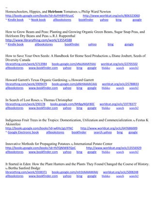~ 
Homeschoolers, Hippies, and Heirloom Tomatoes; by Philip Ward Newton http://books.google.com/books?id=AsYHtBY4VuoC http://www.worldcat.org/oclc/806323060 ~ Kindle book ~ Nook book allbookstores bookfinder yahoo bing google 
How to Grow Beans and Peas: Planting and Growing Organic Green Beans, Sugar Snap Peas, and Heirloom Dry Beans and Peas; by R.J. Ruppenthal http://www.librarything.com/work/13554588 ~ Kindle book allbookstores bookfinder yahoo bing google 
How to Save Your Own Seeds: A Handbook for Home Seed Production; by Diane Joubert, Seeds of Diversity Canada librarything.com/work/5713984 books.google.com/xNxJAAAAYAAJ worldcat.org/oclc/22705502 
allbookstores www.bookfinder.com yahoo bing google blekko search search2 
Howard Garrett's Texas Organic Gardening; by Howard Garrett librarything.com/work/3909479 books.google.com/pBkHAAAACAAJ worldcat.org/oclc/25788833 
allbookstores www.bookfinder.com yahoo bing google blekko search search2 
In Search of Lost Roses; by Thomas Christopher librarything.com/work/290178 books.google.com/MtBgyNQiF80C worldcat.org/oclc/19778377 
allbookstores www.bookfinder.com yahoo bing google blekko search search2 
Indigenous Fruit Trees in the Tropics: Domestication, Utilization and Commercialization; by Festus K Akinnifesi http://books.google.com/books?id=wKHs1gLiYYkC http://www.worldcat.org/oclc/647686009 ~ Google Electronic book allbookstores bookfinder search.yahoo bing google 
Innovative Methods for Propagating Potatoes; by International Potato Center http://books.google.com/books?id=YkTQNlWB7QoC http://www.worldcat.org/oclc/13556929 allbookstores www.bookfinder.com yahoo bing google blekko search search2 
It Started in Eden: How the Plant Hunters and the Plants They Found Changed the Course of History; by Bertha Sanford Dodge librarything.com/work/5938371 books.google.com/mh5tAAAAMAAJ worldcat.org/oclc/5008248 
allbookstores www.bookfinder.com yahoo bing google blekko search search2 
 