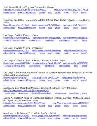 ~ 
Jim Johnson's Heirloom Vegetable Guide; by Jim Johnson http://books.google.com/books?id=ab8LtwAACAAJ http://www.worldcat.org/oclc/6572162 allbookstores www.bookfinder.com yahoo bing google blekko search search2 
Less Usual Vegetables: How to Grow and How to Cook Them, United Kingdom; by Brian George Furner librarything.com/work/5119441 books.google.com/EAtPAAAACAAJ worldcat.org/oclc/16281331 
allbookstores www.bookfinder.com yahoo bing google blekko search search2 
Lost Crops of Africa, Volume I: Grains librarything.com/work/5845213 books.google.com/87ou6aEaze8C worldcat.org/oclc/439351797 
~ Google Electronic book allbookstores bookfinder search.yahoo bing google 
Lost Crops of Africa, Volume II: Vegetables librarything.com/work/6772813 books.google.com/e-UjAQAAMAAJ worldcat.org/oclc/85851965 
allbookstores www.bookfinder.com yahoo bing google blekko search search2 
Lost Crops of Africa, Volume III: Fruits; by National Research Council librarything.com/work/7788674 books.google.com/MqGLARzj-6sC worldcat.org/oclc/798306541 
~ Google Electronic book allbookstores bookfinder search.yahoo bing google 
Lost Crops of the Incas: Little-known Plants of the Andes With Promise for Worldwide Cultivation; by National Research Council librarything.com/work/819947 books.google.com/iT0rAAAAYAAJ worldcat.org/oclc/20397360 
allbookstores www.bookfinder.com yahoo bing google blekko search search2 
Maintaining Your Dwarf Fruit Orchard; by Lawrence Southwick, Storey Publishing http://books.google.com/books?id=O0cr0jMYos0C ~ Kindle book ~ Nook book ~ Google Electronic book allbookstores bookfinder yahoo 
Making Vegetables (Volume 1): Germinating Heirloom Seeds and Growing a Sustainable Garden the Organic Way; by Shoshanna Easling http://books.google.com/books?id=ZZiiuAAACAAJ http://www.worldcat.org/oclc/811739619 allbookstores www.bookfinder.com yahoo bing google blekko search search2 
Manifestos on the Future of Food and Seed; by Carlo Petrini librarything.com/work/4103894 books.google.com/SAyzAAAAIAAJ worldcat.org/oclc/145732895 
allbookstores www.bookfinder.com yahoo bing google blekko search search2 
 