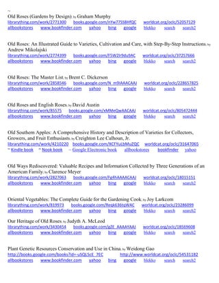 ~ 
Old Roses (Gardens by Design); by Graham Murphy librarything.com/work/2771300 books.google.com/nYw77SS8HfQC worldcat.org/oclc/52057129 
allbookstores www.bookfinder.com yahoo bing google blekko search search2 
Old Roses: An Illustrated Guide to Varieties, Cultivation and Care, with Step-By-Step Instructions; by Andrew Mikolajski librarything.com/work/2774399 books.google.com/F5W2lr9du9AC worldcat.org/oclc/37257666 
allbookstores www.bookfinder.com yahoo bing google blekko search search2 
Old Roses: The Master List; by Brent C. Dickerson librarything.com/work/2858546 books.google.com/N_m9IAAACAAJ worldcat.org/oclc/228657825 
allbookstores www.bookfinder.com yahoo bing google blekko search search2 
Old Roses and English Roses; by David Austin librarything.com/work/85575 books.google.com/xMMeQwAACAAJ worldcat.org/oclc/805472444 
allbookstores www.bookfinder.com yahoo bing google blekko search search2 
Old Southern Apples: A Comprehensive History and Description of Varieties for Collectors, Growers, and Fruit Enthusiasts; by Creighton Lee Calhoun, Jr. librarything.com/work/4210220 books.google.com/XCFYuLbMuZQC worldcat.org/oclc/31647065 ~ Kindle book ~ Nook book ~ Google Electronic book allbookstores bookfinder yahoo 
Old Ways Rediscovered: Valuable Recipes and Information Collected by Three Generations of an American Family; by Clarence Meyer librarything.com/work/2827063 books.google.com/Fg4hAAAACAAJ worldcat.org/oclc/18015151 
allbookstores www.bookfinder.com yahoo bing google blekko search search2 
Oriental Vegetables: The Complete Guide for the Gardening Cook; by Joy Larkcom librarything.com/work/819973 books.google.com/Reqk636tqWAC worldcat.org/oclc/23286099 
allbookstores www.bookfinder.com yahoo bing google blekko search search2 
Our Heritage of Old Roses; by Judyth A. McLeod librarything.com/work/3430454 books.google.com/gZE_AAAAYAAJ worldcat.org/oclc/18569608 
allbookstores www.bookfinder.com yahoo bing google blekko search search2 
Plant Genetic Resources Conservation and Use in China; by Weidong Gao http://books.google.com/books?id=-uSQL5cE_7EC http://www.worldcat.org/oclc/54531182 allbookstores www.bookfinder.com yahoo bing google blekko search search2  