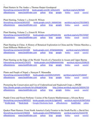 ~ Plant Hunters In The Andes; by Thomas Harper Goodspeed librarything.com/work/385738 books.google.com/W_k2OoJIsSYC worldcat.org/oclc/487689 
allbookstores www.bookfinder.com yahoo bing google blekko search search2 
Plant Hunting, Volume 1; by Ernest H. Wilson librarything.com/work/9414707 books.google.com/H_IIAAAACAAJ worldcat.org/oclc/792106871 
allbookstores www.bookfinder.com yahoo bing google blekko search search2 
Plant Hunting, Volume 2; by Ernest H. Wilson librarything.com/work/9414722 books.google.com/Svj0PAAACAAJ worldcat.org/oclc/791733587 
allbookstores www.bookfinder.com yahoo bing google blekko search search2 
Plant Hunting in China: A History of Botanical Exploration in China and the Tibetan Marches; by Euan Hillhouse Methven Cox librarything.com/work/2261689 books.google.com/_AYQAQAAMAAJ worldcat.org/oclc/1892343 
allbookstores www.bookfinder.com yahoo bing google blekko search search2 
Plant Hunting on the Edge of the World: Travels of a Naturalist in Assam and Upper Burma hlibrarything.com/work/1741975 books.google.com/HQBHAAAAYAAJ worldcat.org/oclc/2508235 
allbookstores www.bookfinder.com yahoo bing google blekko search search2 
Plants and People of Nepal; by Narayan P. Manandha librarything.com/work/2248639 books.google.com/klAFeYz4YdYC worldcat.org/oclc/47136567 
allbookstores www.bookfinder.com yahoo bing google blekko search search2 
Promoting the Conservation and Use of Underutilized and Neglected Crops; by IPGRI http://books.google.com/books?id=zZWylgEACAAJ http://www.worldcat.org/oclc/183241733 allbookstores www.bookfinder.com yahoo bing google blekko search search2 
Purple Citrus and Sweet Perfume: Cuisine of the Eastern Mediterranean; by Silvena Rowe librarything.com/work/9859257 books.google.com/o8-Q-QgKvH0C worldcat.org/oclc/670475456 ~ Kindle book ~ Nook book ~ Google Electronic book allbookstores bookfinder yahoo 
Quaker Plant Hunters: From North America's Early Frontier to the South Pacific; by David Sox librarything.com/work/5706424 books.google.com/7P8fAQAAIAAJ worldcat.org/oclc/55222778 
allbookstores www.bookfinder.com yahoo bing google blekko search search2 
 
