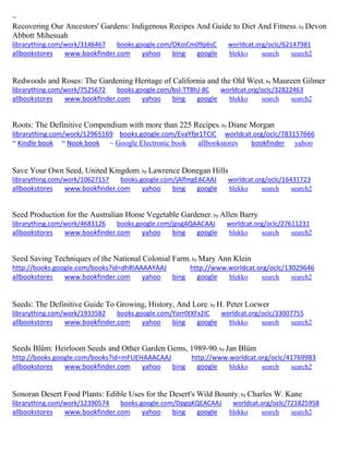 ~ 
Recovering Our Ancestors' Gardens: Indigenous Recipes And Guide to Diet And Fitness; by Devon Abbott Mihesuah librarything.com/work/3146467 books.google.com/OKoiCm09p6sC worldcat.org/oclc/62147981 
allbookstores www.bookfinder.com yahoo bing google blekko search search2 
Redwoods and Roses: The Gardening Heritage of California and the Old West; by Maureen Gilmer librarything.com/work/7525672 books.google.com/bsI-TTBhJ-8C worldcat.org/oclc/32822463 
allbookstores www.bookfinder.com yahoo bing google blekko search search2 
Roots: The Definitive Compendium with more than 225 Recipes; by Diane Morgan librarything.com/work/12965169 books.google.com/EvaYfje1TCIC worldcat.org/oclc/783157666 ~ Kindle book ~ Nook book ~ Google Electronic book allbookstores bookfinder yahoo 
Save Your Own Seed, United Kingdom; by Lawrence Donegan Hills librarything.com/work/10627157 books.google.com/jAlfmgEACAAJ worldcat.org/oclc/16431723 
allbookstores www.bookfinder.com yahoo bing google blekko search search2 
Seed Production for the Australian Home Vegetable Gardener; by Allen Barry librarything.com/work/4683126 books.google.com/jpsgAQAACAAJ worldcat.org/oclc/27611231 
allbookstores www.bookfinder.com yahoo bing google blekko search search2 
Seed Saving Techniques of the National Colonial Farm; by Mary Ann Klein http://books.google.com/books?id=dhRIAAAAYAAJ http://www.worldcat.org/oclc/13029646 allbookstores www.bookfinder.com yahoo bing google blekko search search2 
Seeds: The Definitive Guide To Growing, History, And Lore; by H. Peter Loewer librarything.com/work/1933582 books.google.com/Yorr0tXFx2IC worldcat.org/oclc/33007755 
allbookstores www.bookfinder.com yahoo bing google blekko search search2 
Seeds Blüm: Heirloom Seeds and Other Garden Gems, 1989-90; by Jan Blüm http://books.google.com/books?id=mFUEHAAACAAJ http://www.worldcat.org/oclc/41769983 allbookstores www.bookfinder.com yahoo bing google blekko search search2 
Sonoran Desert Food Plants: Edible Uses for the Desert's Wild Bounty; by Charles W. Kane librarything.com/work/12390574 books.google.com/DpgqKQEACAAJ worldcat.org/oclc/721825958 
allbookstores www.bookfinder.com yahoo bing google blekko search search2 
 