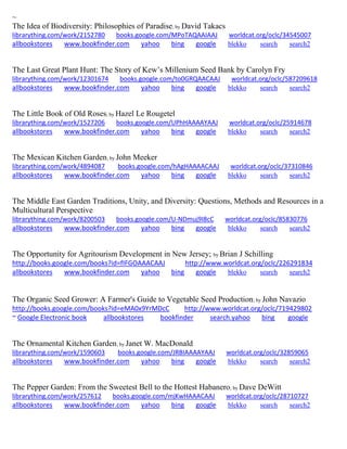 ~ 
The Idea of Biodiversity: Philosophies of Paradise; by David Takacs librarything.com/work/2152780 books.google.com/MPoTAQAAIAAJ worldcat.org/oclc/34545007 
allbookstores www.bookfinder.com yahoo bing google blekko search search2 
The Last Great Plant Hunt: The Story of Kew’s Millenium Seed Bank by Carolyn Fry librarything.com/work/12301674 books.google.com/to0GRQAACAAJ worldcat.org/oclc/587209618 
allbookstores www.bookfinder.com yahoo bing google blekko search search2 
The Little Book of Old Roses; by Hazel Le Rougetel librarything.com/work/1527206 books.google.com/UPhHAAAAYAAJ worldcat.org/oclc/25914678 
allbookstores www.bookfinder.com yahoo bing google blekko search search2 
The Mexican Kitchen Garden; by John Meeker librarything.com/work/4894087 books.google.com/hAgHAAAACAAJ worldcat.org/oclc/37310846 
allbookstores www.bookfinder.com yahoo bing google blekko search search2 
The Middle East Garden Traditions, Unity, and Diversity: Questions, Methods and Resources in a Multicultural Perspective librarything.com/work/8200503 books.google.com/U-NDmuj9I8cC worldcat.org/oclc/85830776 
allbookstores www.bookfinder.com yahoo bing google blekko search search2 
The Opportunity for Agritourism Development in New Jersey; by Brian J Schilling http://books.google.com/books?id=fIFGOAAACAAJ http://www.worldcat.org/oclc/226291834 
allbookstores www.bookfinder.com yahoo bing google blekko search search2 
The Organic Seed Grower: A Farmer's Guide to Vegetable Seed Production; by John Navazio http://books.google.com/books?id=eMA0x9YrMDcC http://www.worldcat.org/oclc/719429802 ~ Google Electronic book allbookstores bookfinder search.yahoo bing google 
The Ornamental Kitchen Garden; by Janet W. MacDonald librarything.com/work/1590603 books.google.com/JRBIAAAAYAAJ worldcat.org/oclc/32859065 
allbookstores www.bookfinder.com yahoo bing google blekko search search2 
The Pepper Garden: From the Sweetest Bell to the Hottest Habanero; by Dave DeWitt librarything.com/work/257612 books.google.com/mjKwHAAACAAJ worldcat.org/oclc/28710727 
allbookstores www.bookfinder.com yahoo bing google blekko search search2 
 