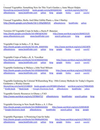 ~ 
Unusual Vegetables: Something New for This Year's Garden; by Anne Moyer Halpin librarything.com/work/563424 books.google.com/wjIWAQAACAAJ worldcat.org/oclc/3627752 
allbookstores www.bookfinder.com yahoo bing google blekko search search2 
Unusual Vegetables, Herbs And Other Edible Plants; by Alan J Hartley http://books.google.com/books?id=1-OHp50kX1IC allbookstores bookfinder yahoo 
Varieties Of Vegetable Crops In India; by Hazra P. Banerjee http://books.google.com/books?id=Vl86YgEACAAJ http://www.worldcat.org/oclc/664653125 
www.allbookstores.com www.bookfinder.com search.yahoo.com bing google 
Vegetable Crops in India; by T. K. Bose http://books.google.com/books?id=sHk_AAAAYAAJ http://www.worldcat.org/oclc/13621876 allbookstores www.bookfinder.com yahoo bing google blekko search search2 
Vegetable Crops of India; by K. S. Yawalkar http://books.google.com/books?id=kCtBAAAAYAAJ http://www.worldcat.org/oclc/2825467 allbookstores www.bookfinder.com yahoo bing google blekko search search2 
Vegetable Gardening in Malaya; by John Noel Milsum http://books.google.com/books?id=USFBAAAAYAAJ http://www.worldcat.org/oclc/27835957 allbookstores www.bookfinder.com yahoo bing google blekko search search2 
Vegetable Gardening the Colonial Williamsburg Way: 18th-Century Methods for Today's Organic Gardeners; by Wesley Greene librarything.com/work/12148424 books.google.com/KFQMt1Ww6osC worldcat.org/oclc/740628585 ~ Kindle book ~ Nook book ~ Google Electronic book allbookstores bookfinder yahoo 
Vegetable Genetic Resources in Ghana; by FAO http://www.worldcat.org/oclc/197864712 allbookstores bookfinder search.yahoo bing 
Vegetable Growing in New South Wales; by A. J. Pinn http://books.google.com/books?id=C8dBAAAAIAAJ http://www.worldcat.org/oclc/220054630 ~ Google Electronic book allbookstores bookfinder search.yahoo bing google 
Vegetable Pigeonpea: A Promising Crop for India http://books.google.com/books?id=I964XwAACAAJ http://www.worldcat.org/oclc/17965175 allbookstores www.bookfinder.com yahoo bing google blekko search search2 
 